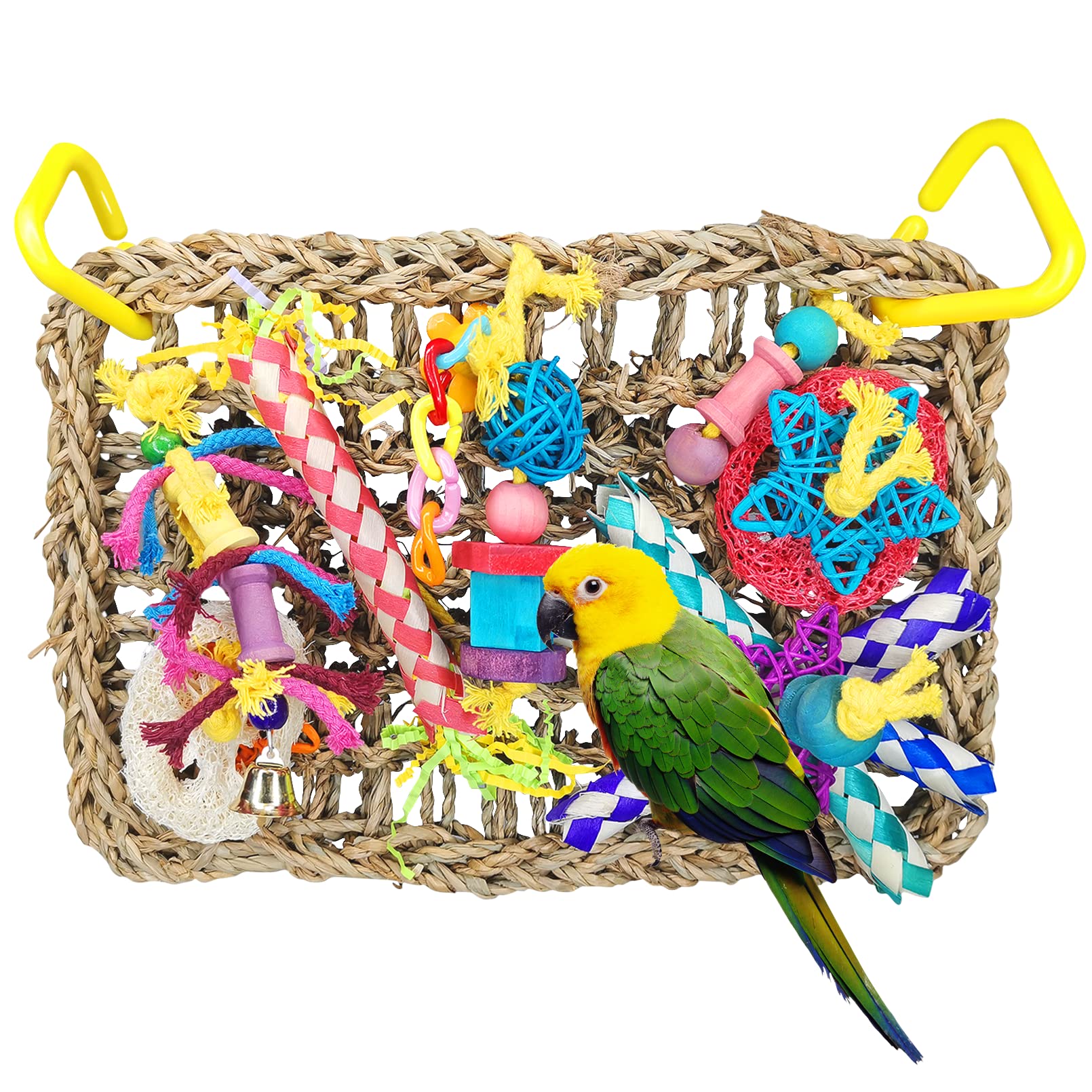 Fhiny Bird Foraging Toys, Parrot Chew Toys Seagrass Climbing Hammock Mat with Shredder Papers Wood Blocks Chewing Toys Suitable for Budgies Parakeets Love Birds