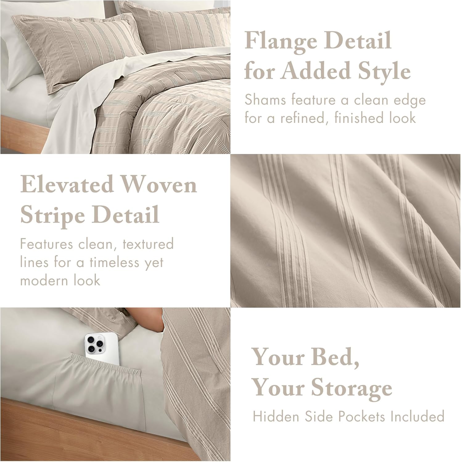 Madison Park Essentials Striped Comforter Set King, 7 Pieces Modern Minimalist Jacquard Bedding Set for All Season, Bed in A Bag with Sheet Set and Soft Brushed Reverse, Lightweight Neutral - Image 4