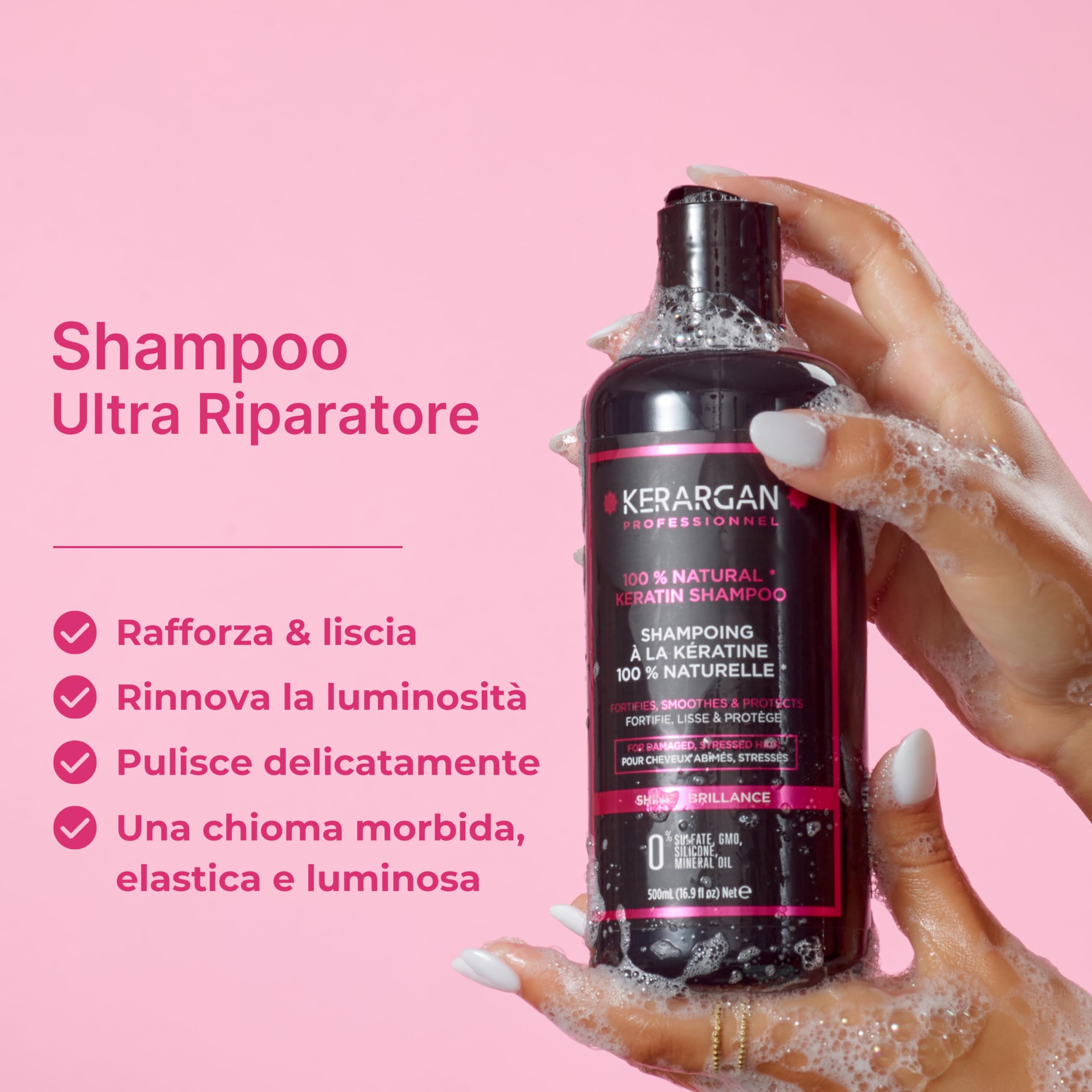 Kerargan - Shampoo Ultra Riparatore alla Cheratina per Capelli Danneggiati e Stressati - Fortificante, Lisciante e Protettivo - Senza Solfati, OGM, Silicone, Oli Minerali - 500ml