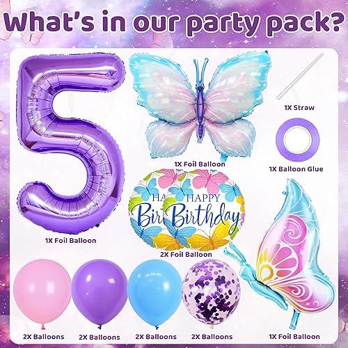 Miniatura 2 de 12 globos de mariposa morada, decoración de cumpleaños de mariposa grande, globos de papel de aluminio de mariposa, confeti, fiesta de 5 cumpleaños