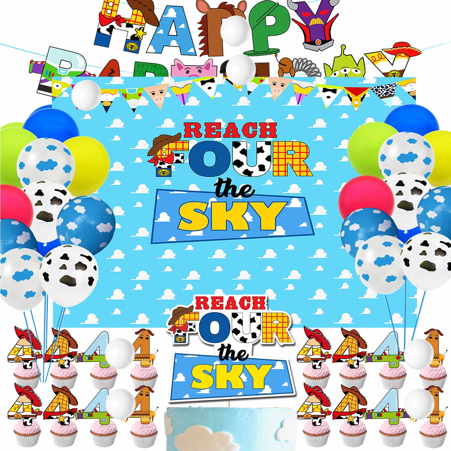 Cartoon Story Party Supplies 4th Birthday include Reach Four The Sky Cake Topper Backdrop Cupcake Toppers Balloons Banner for 4th Boys Girls Birthday