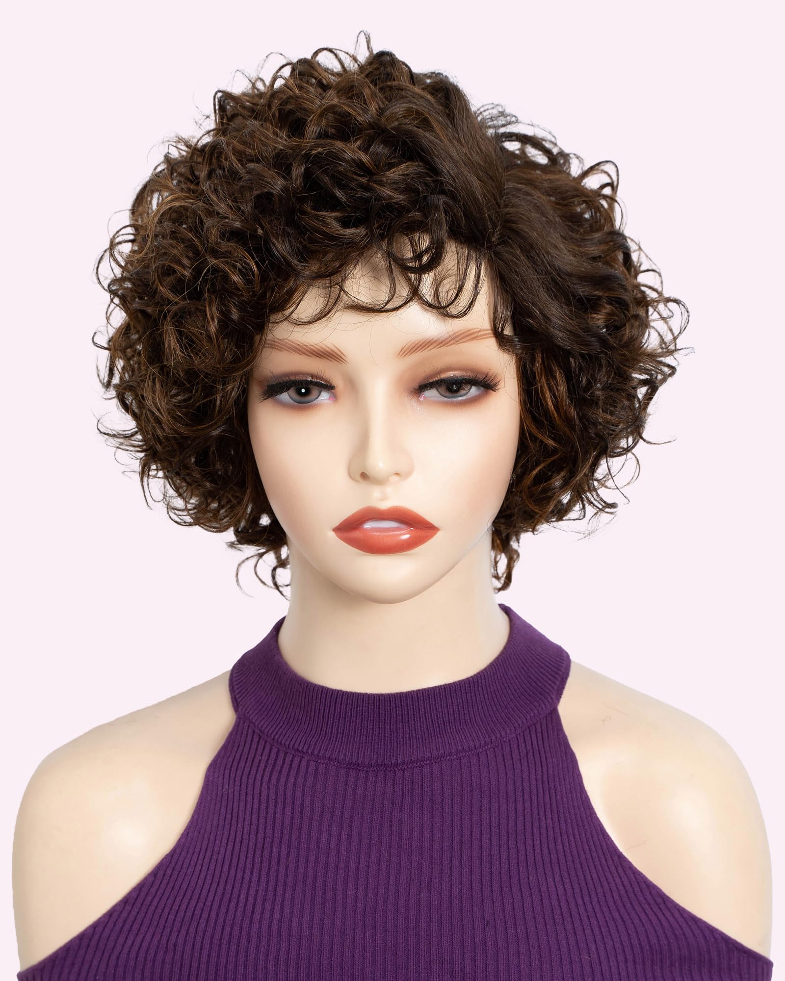 FASHION IDOL Pixie Curly Natural Black Human Hair Wig C-Type Lace Wear and Go Short Curly Bob Wig for Women (P4/30, 8 Inch)