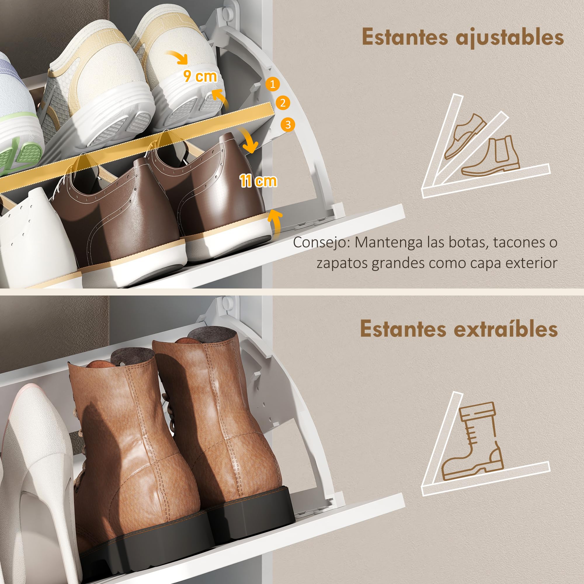 HOMCOM Zapatero Estrecho con 3 Cajones Abatibles para 12-18 Pares Blanco | Zapatero Entrada Recibidor Alto, Estantes Ajustables, Compartimento Abierto