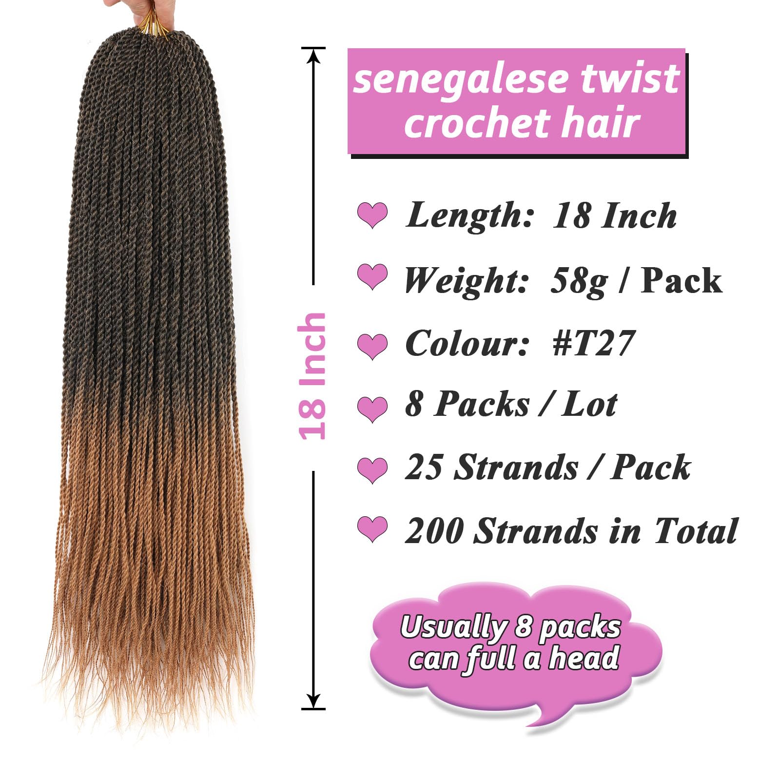 Samtress Senegalese Twist Crochet Hair 18 Inch 8 Packs Small Twist Crochet Braids Hair Synthetic Hot Water Setting 25 Strands/Pack Ombre Blonde Crochet Hair For Women (#T27) - Image 2