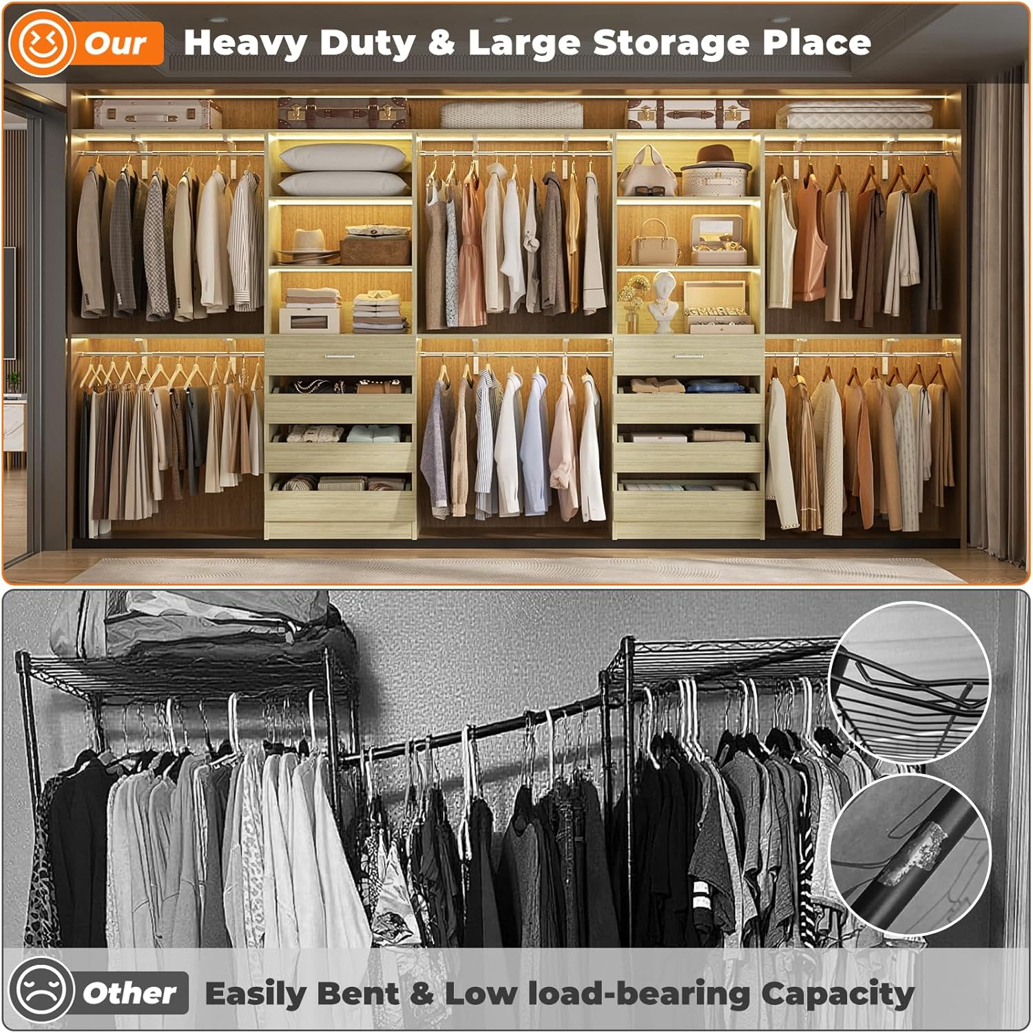 Aheaplus Closet System with Drawers Set of 2, Wood Closet Organizer System with 8 Hanging Rods & Top Shelves, Walk-in Closets Organizer Wardrobe Clothes Rack, Cut Fits Spaces 4-9FT. Wide, White Oak