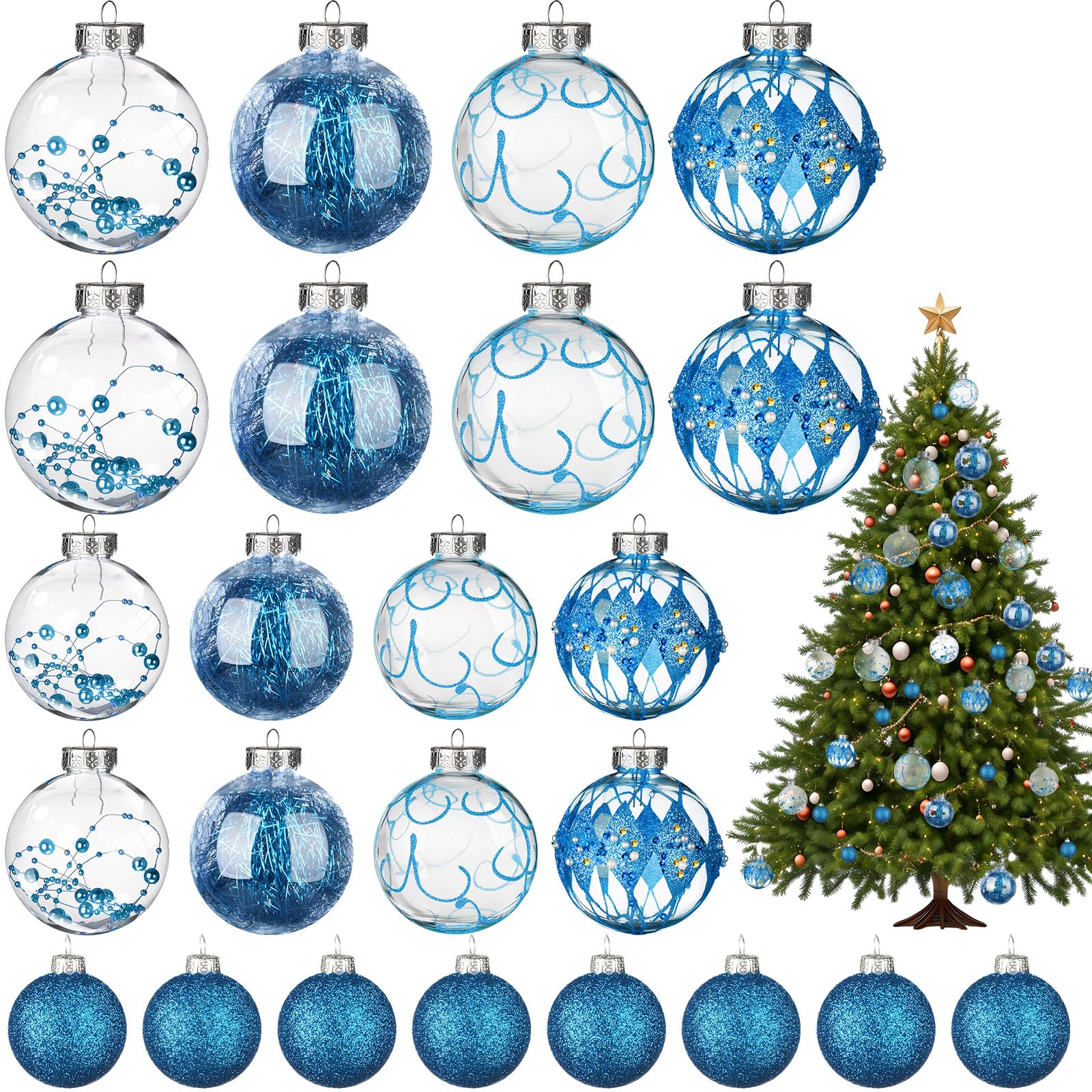Outus 24 adornos de bolas de Navidad de 1.6/2.4/3.2 pulgadas, bolas transparentes con purpurina, decoraciones colgantes de plástico, inastillables, decoración de árbol de Navidad para Navidad,
