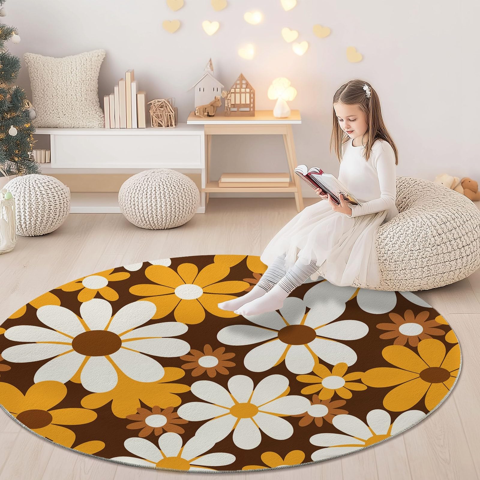 Generico Okrągły dywan Retro Moda Stokrotka, można prać w pralce nadruk musztardowy żółty, antypoślizgowy miękki do salonu, na sofę do pokoju dziecięcego 160 cm