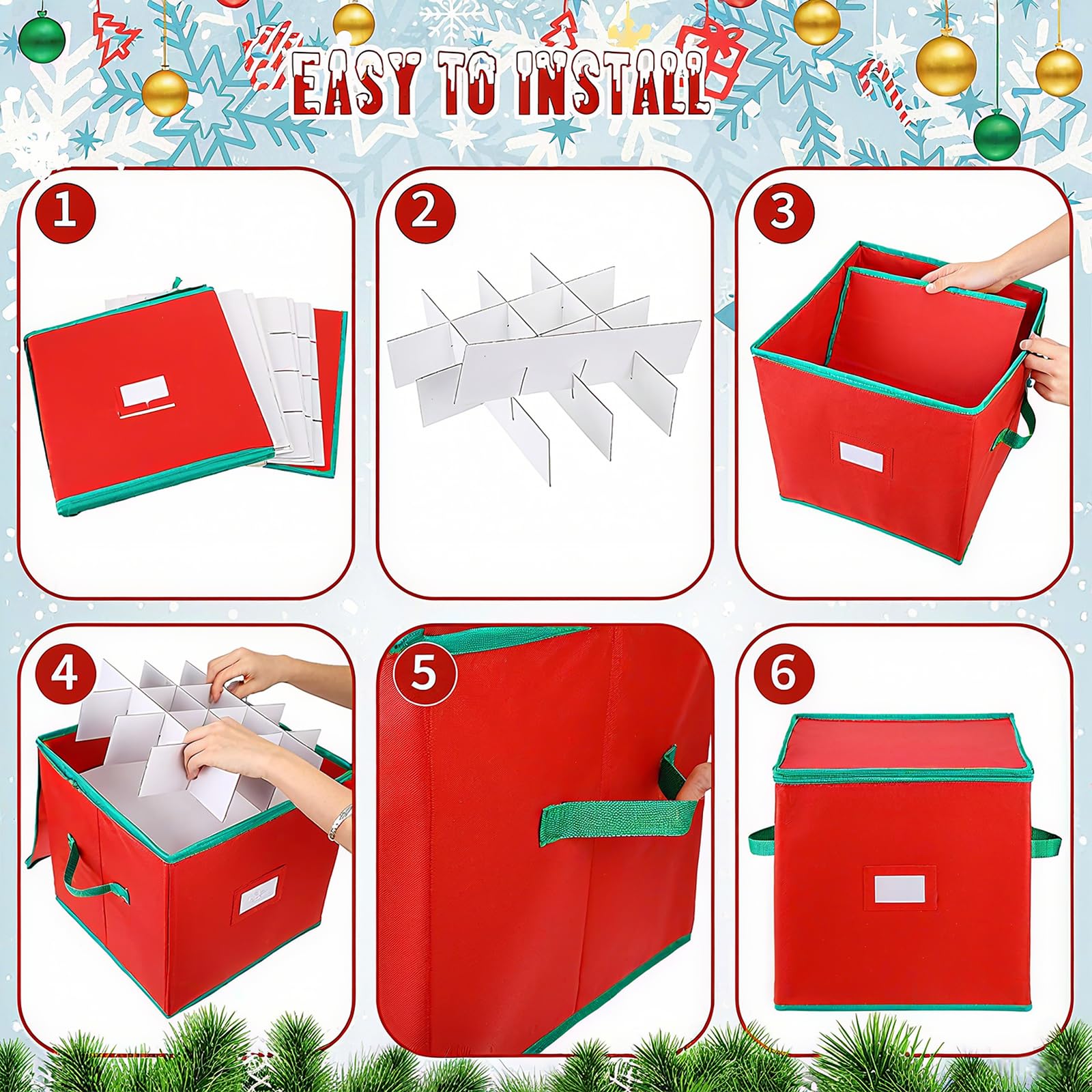 VITEVER Aufbewahrungsbox für Weihnachtskugeln mit Verstellbaren Trennwänden, Aufbewahrungstasche Weihnachten mit 4 Ebenen, Abnehmbar mit Griffen, 64 Kugel-Aufbewahrungsbeutel, 32x32,5x33cm