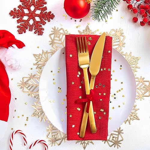 Miniatura 3 de Snowkingdom Juego de 12 manteles individuales de copo de nieve de vinilo metálico laminado dorado redondo de 15 pulgadas de diámetro, decoraciones