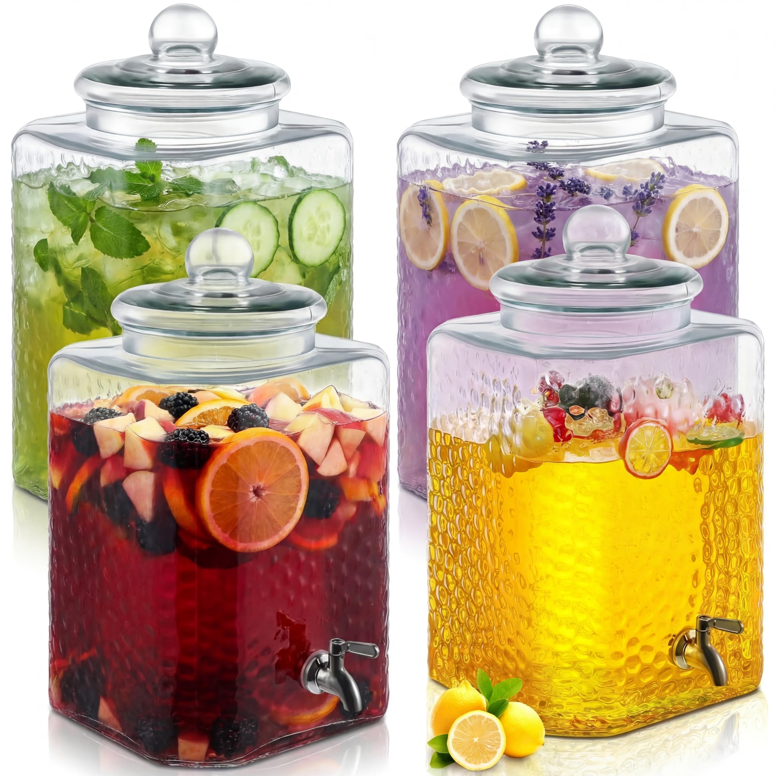 Photo 1 of *** CHECK COMMENTS***      Tiangrid 4 Pack 5 Gallon Glass Water Drink Dispenser for Party, Hammered Glass Beverage Dispenser, Jug Container with Stainless Steel Spigot for Parties, Weddings, Catering, Lemonade, Iced Tea