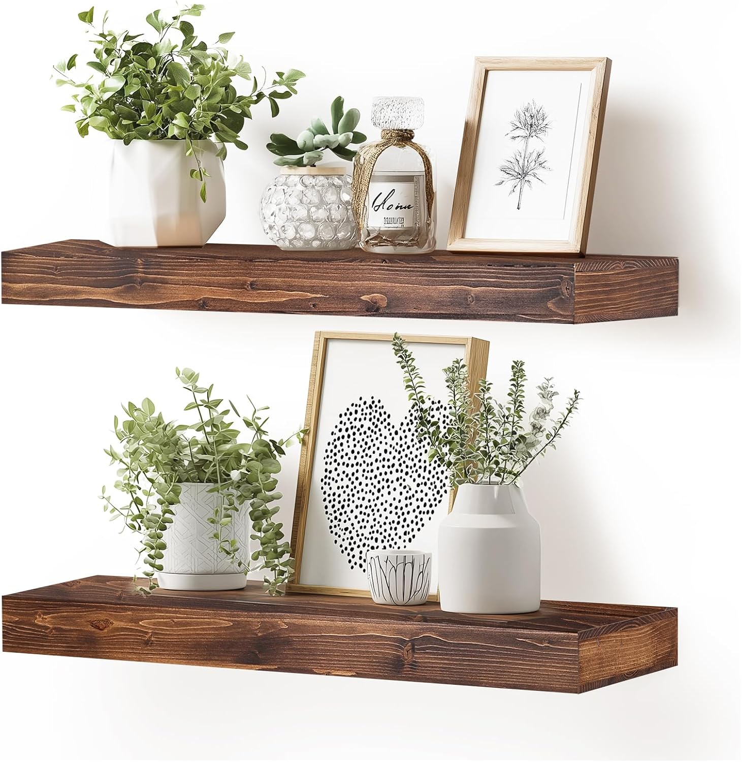 36x6.8x2 Inch Rustic Floating Shelves for Wall Set of 2 - Brown Solid Wood Wall Mounted Shelves with Invisible Bracket, Extended Design for Farmhouse Living Room Bedroom Kitchen Decor