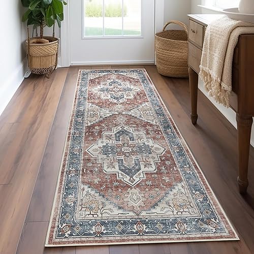 jinchan Boho Runner Rug 2x10 Tribal Low Pile Hallway Runner Washable Stain Resistant Non Slip Ultra-Thin Faux Wool Soft Accent Rug Bathroom Kitchen Bedroom Entryway Red Blue
