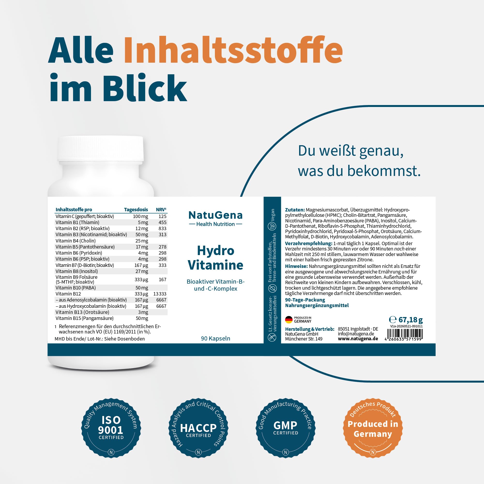 NatuGena HydroVitamine – 14 B-Vitamine, Vitamin B & C-Komplex | 90 Kapseln | Vollständiger Vitamin B-Komplex mit 14 Verbindungen mit 300 mg Vitamin C, 1000 μg Folsäure & 500 μg Biotin in bioaktiver Form