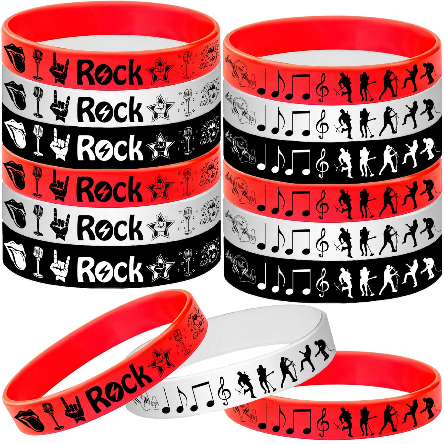 Oringaga 48PCS Rock and Roll Rubber Bracelets Silicone Wristbands -Rock and Roll Music Notes Party Supplies Decorations Guitar Audio Record Microphone