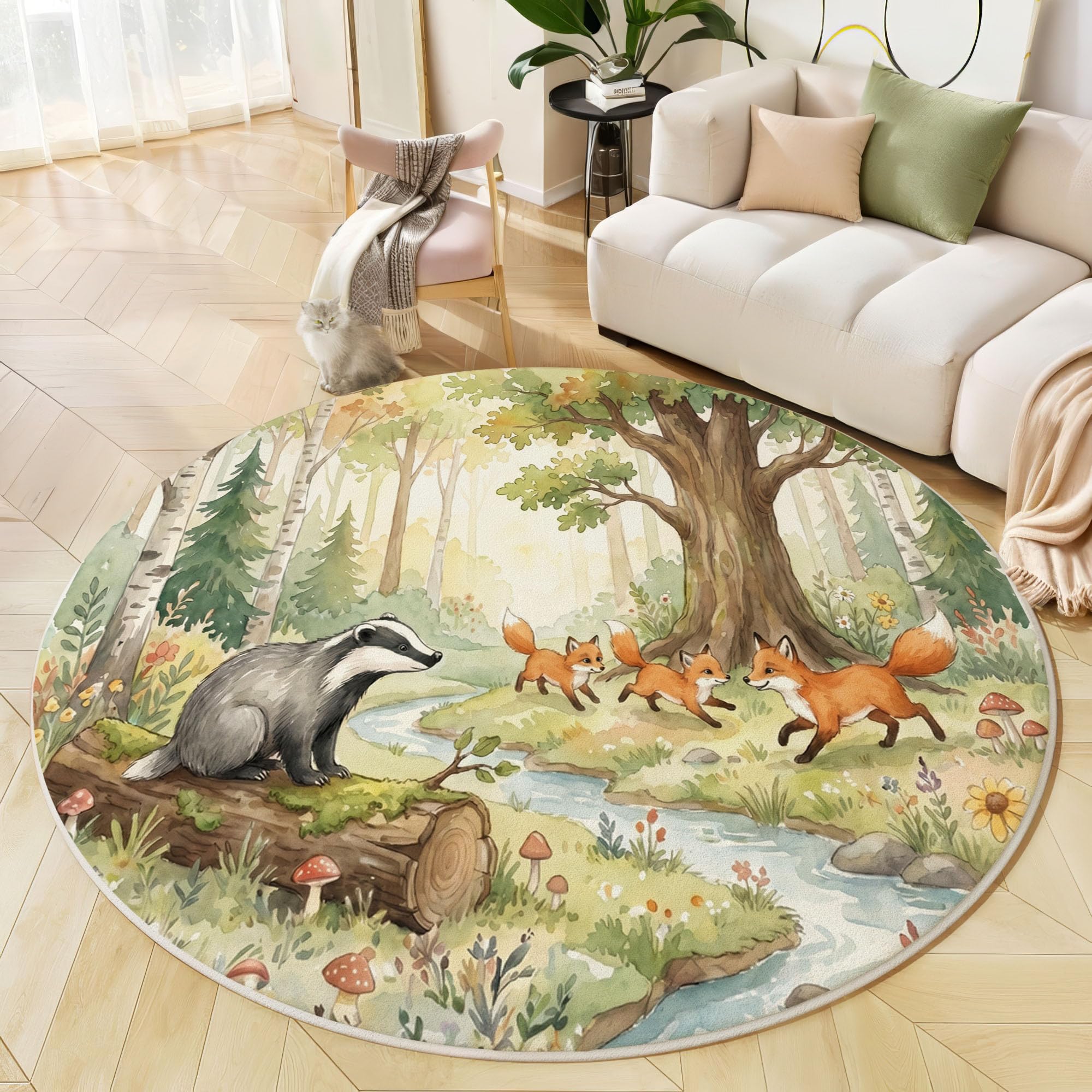 Lavable Tapis Rond Animaux Frais À L'Aquarelle