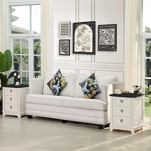 Miniatura 20 de Juego de 2 mesitas de noche estilo granja de 18" con estación de carga, cómoda con mesa auxiliar de 2 cajones para dormitorio, mesita de noche de