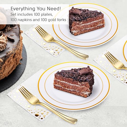 Miniatura 2 de Stylish 7.5 Inch Gold Disposable Dessert Plates, Forks and Cocktail Napkins (100 Set of Each) - Small Durable Cake Plates, Appetizer Plates or Salad