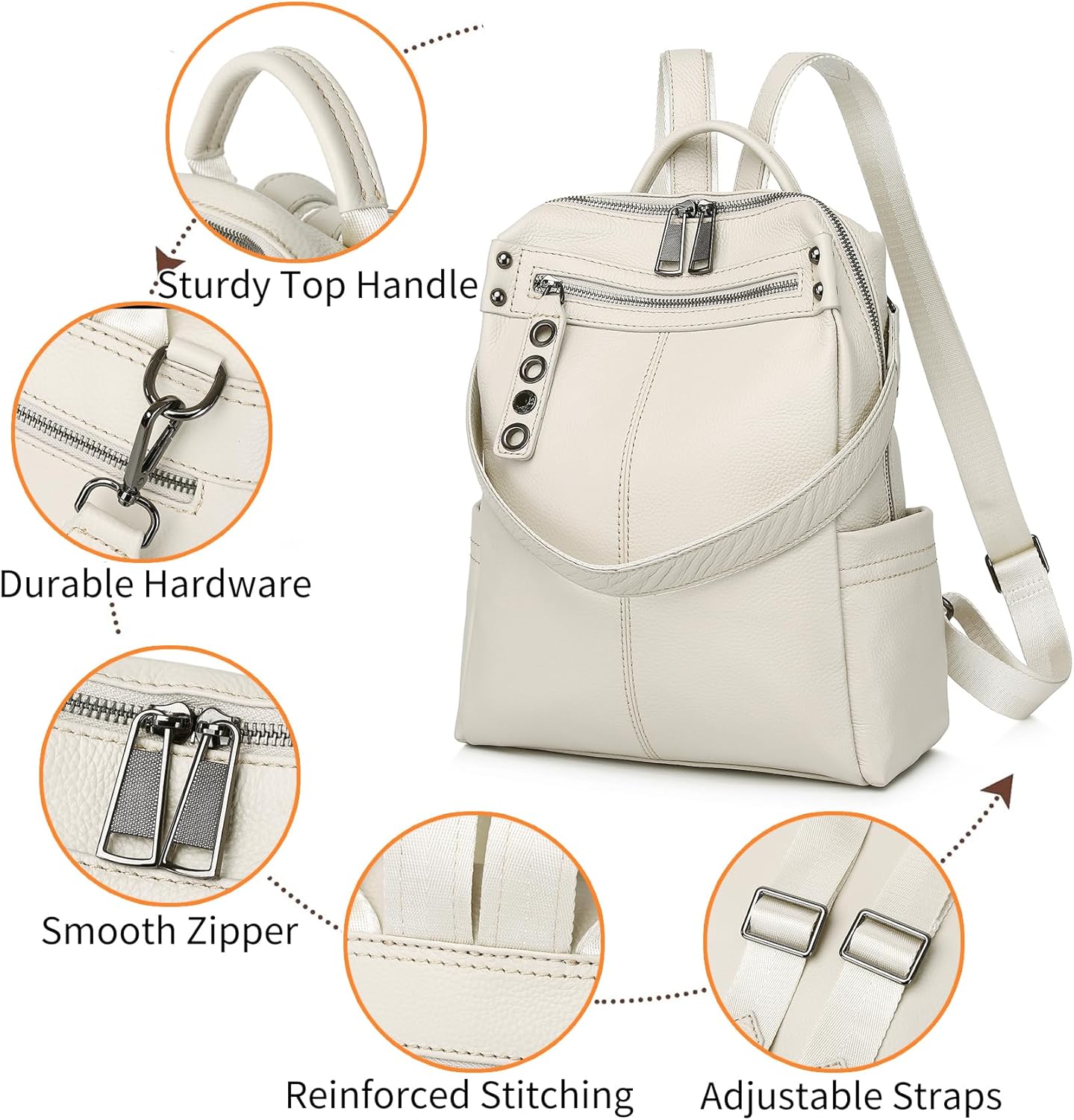 Genuine Leather Backpack Purse For Women Beige Real Soft Leather Travel Fashion Designer Convertible Ladies Shoulder Bag - Image 4