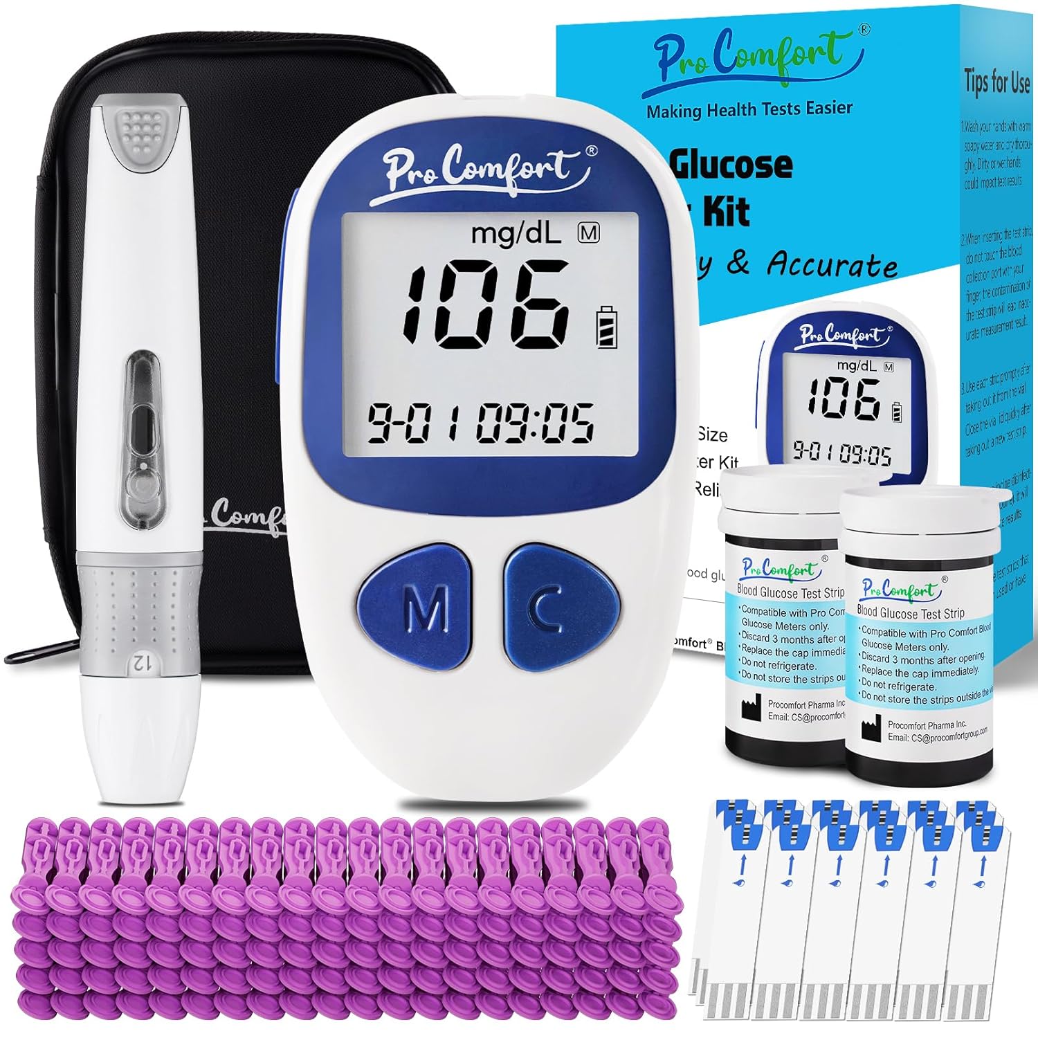 Blood Glucose Monitor Kit with 100 Test Strips & 100 Lancets, Blood Sugar Monitor, Lancing Device, Blood Sugar Testing Kit, Accurate Glucometer, No Coding, Travel Size for Diabetes Care