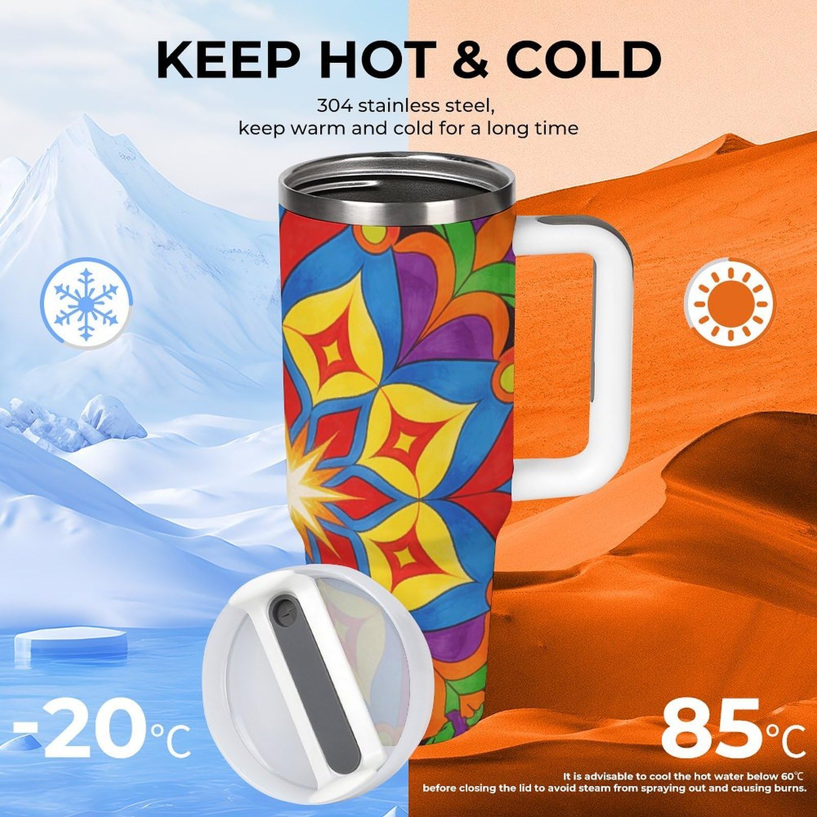 Tazza da caffè da viaggio con mandala colorato, in acciaio inossidabile, tazza da caffè con coperchio e cannuccia, tazza con manico, grande capacità, doppia parete, sottovuoto, a prova di