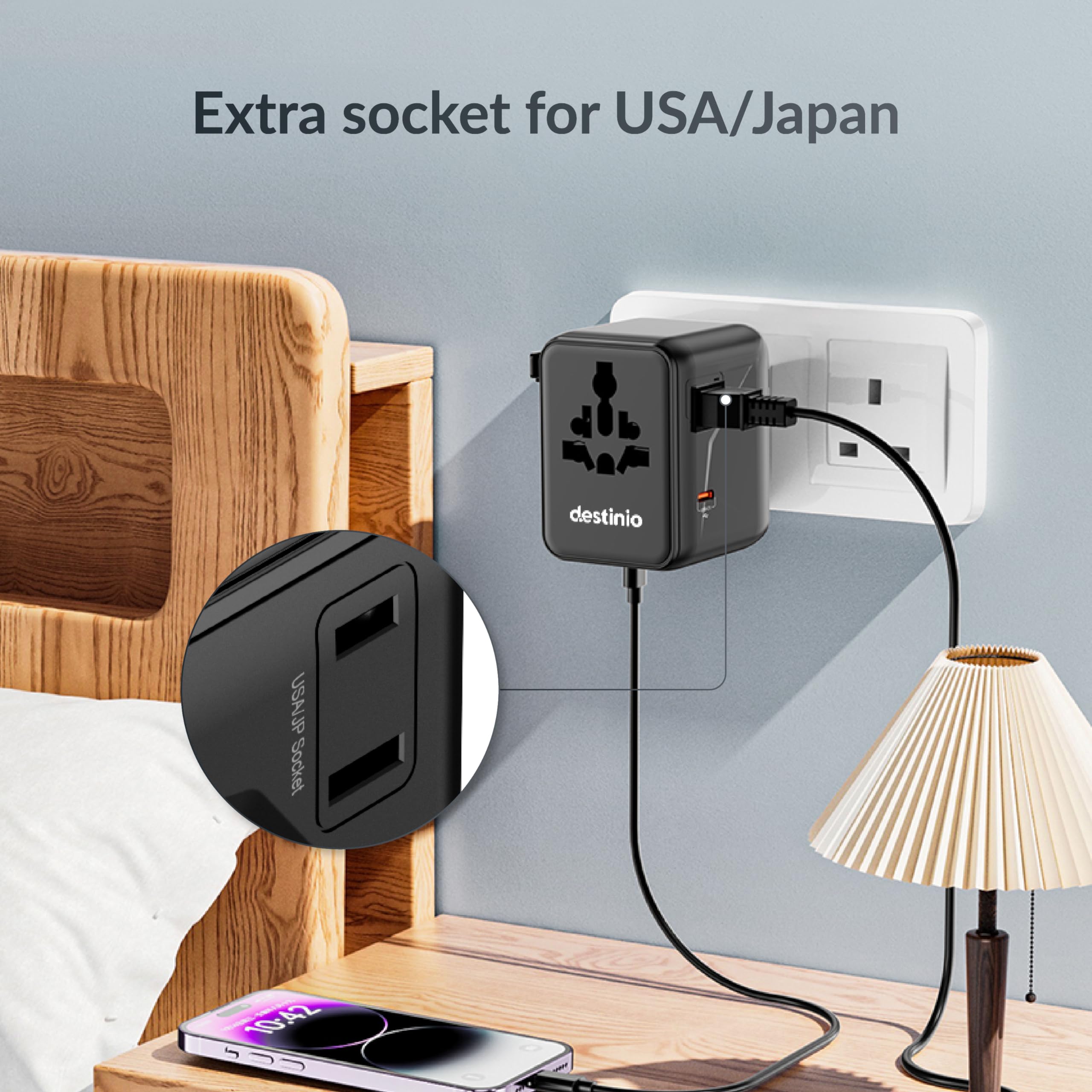 Destinio Universal Charger Adapter 70W - GaN Fast Charging Adapter for Laptop/MacBook with 3 Type C & 2 USB Ports, Compact Travel Adapter, All in One International Adapter for US, UK, Europe,Canada — Amazon image 4