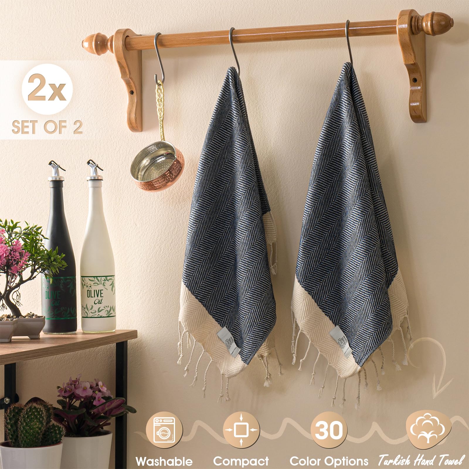 EPHESUS TOWELS Juego de 2 toallas de mano, 18 x 30 pulgadas, toalla de mano turca decorativa para baño, cocina, invitados, cara, cabello, té, paño de cocina (hueso de hueso, azul oscuro)