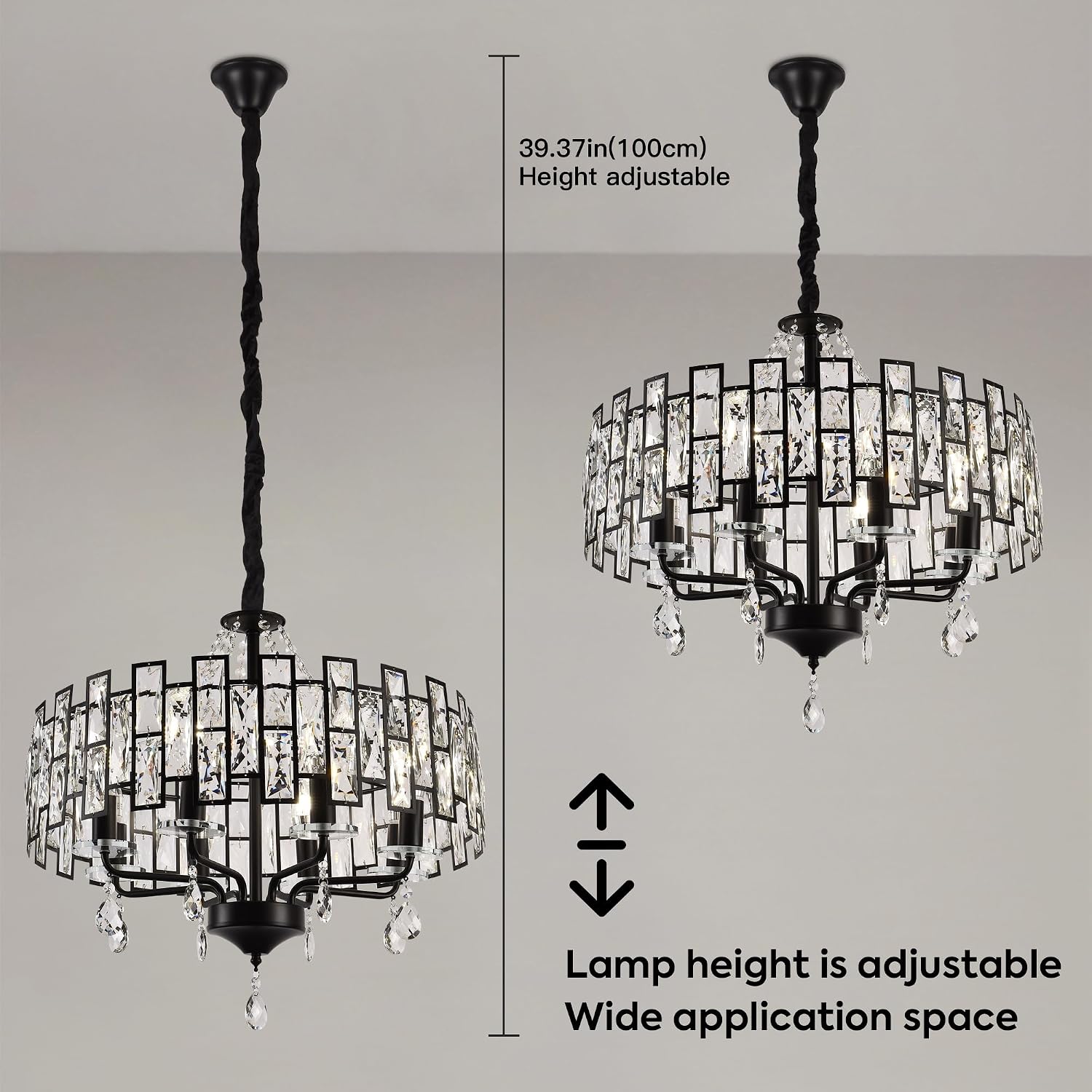 22Inch Crystal Chandelier Pendant Light Fixtures,Recessed Ceiling Lights Black Length Adjustable Hanging Light Sconce for Living Room Bedroom Kitchen Restaurant,E12 Pendant Lamp Indoor Lighting