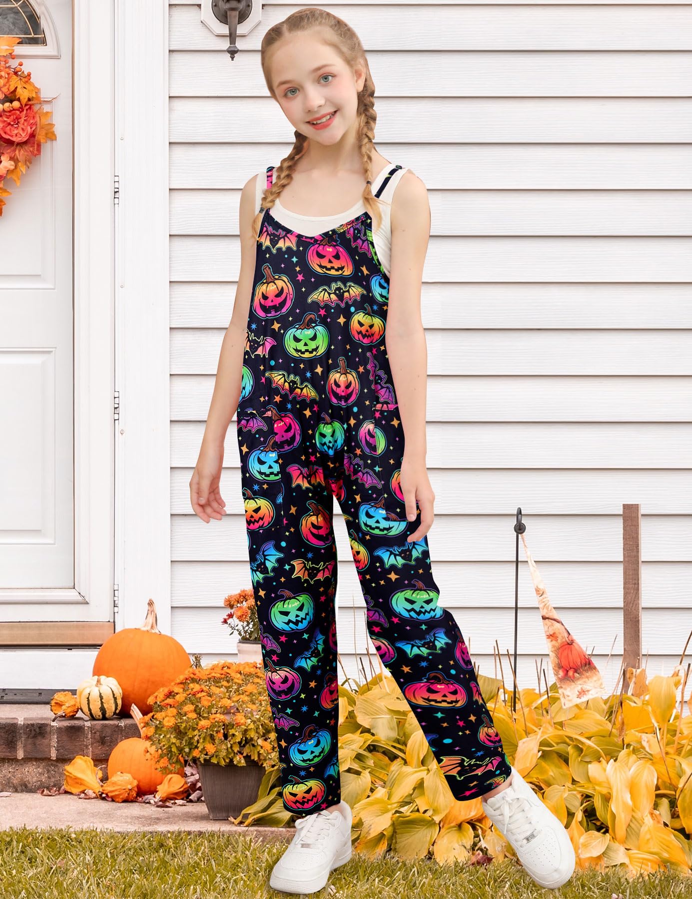RAISEVERN Tute per ragazze Casual Senza Maniche Allentato Spaghetti Strap Summer Pagliaccetti Pantaloni lunghi con tasche | Abiti casual senza maniche larghi regolabili con spalline sottili taglia 7-16 anni