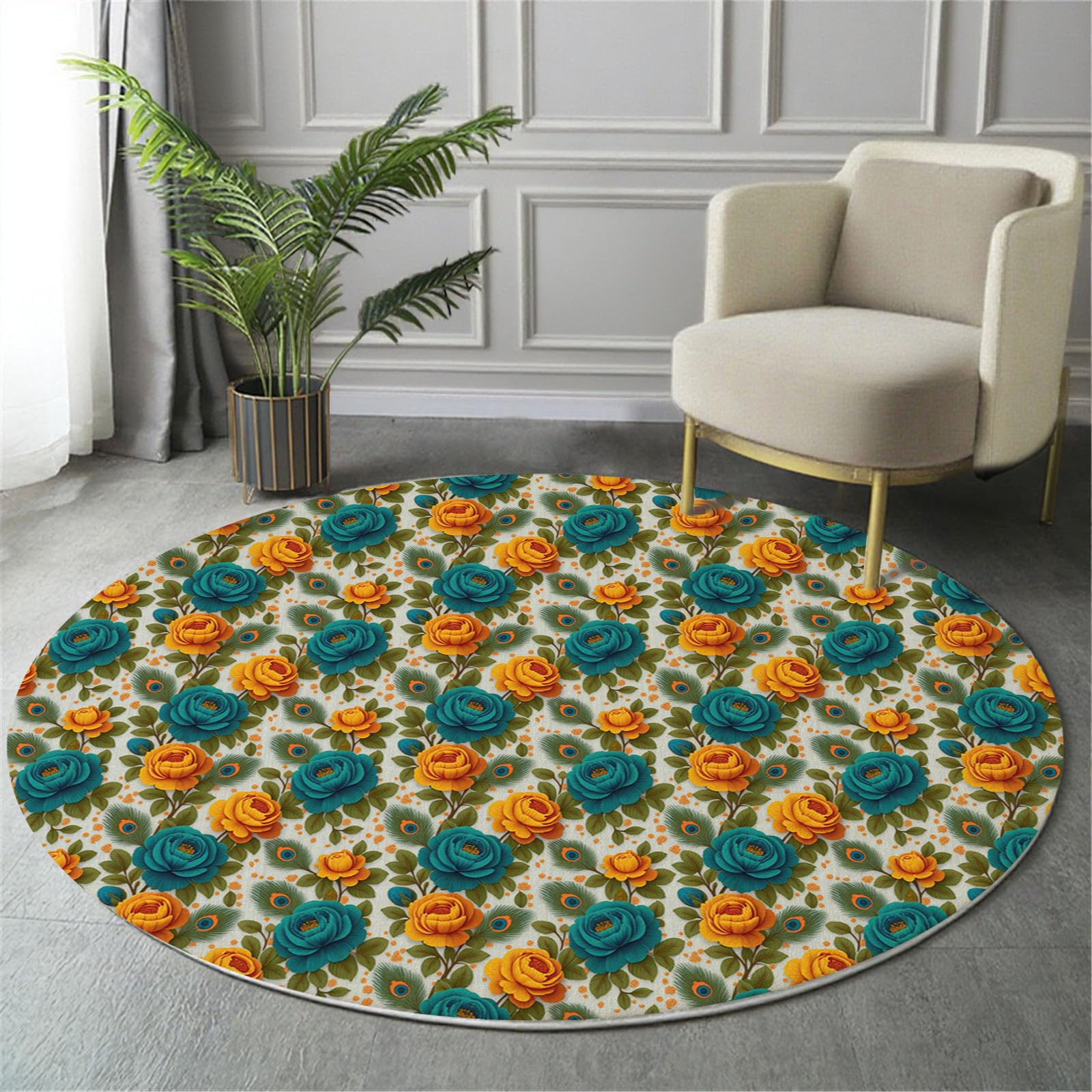Tapis rond salon 120cm à fleurs vintage jaunes en flanelle douce