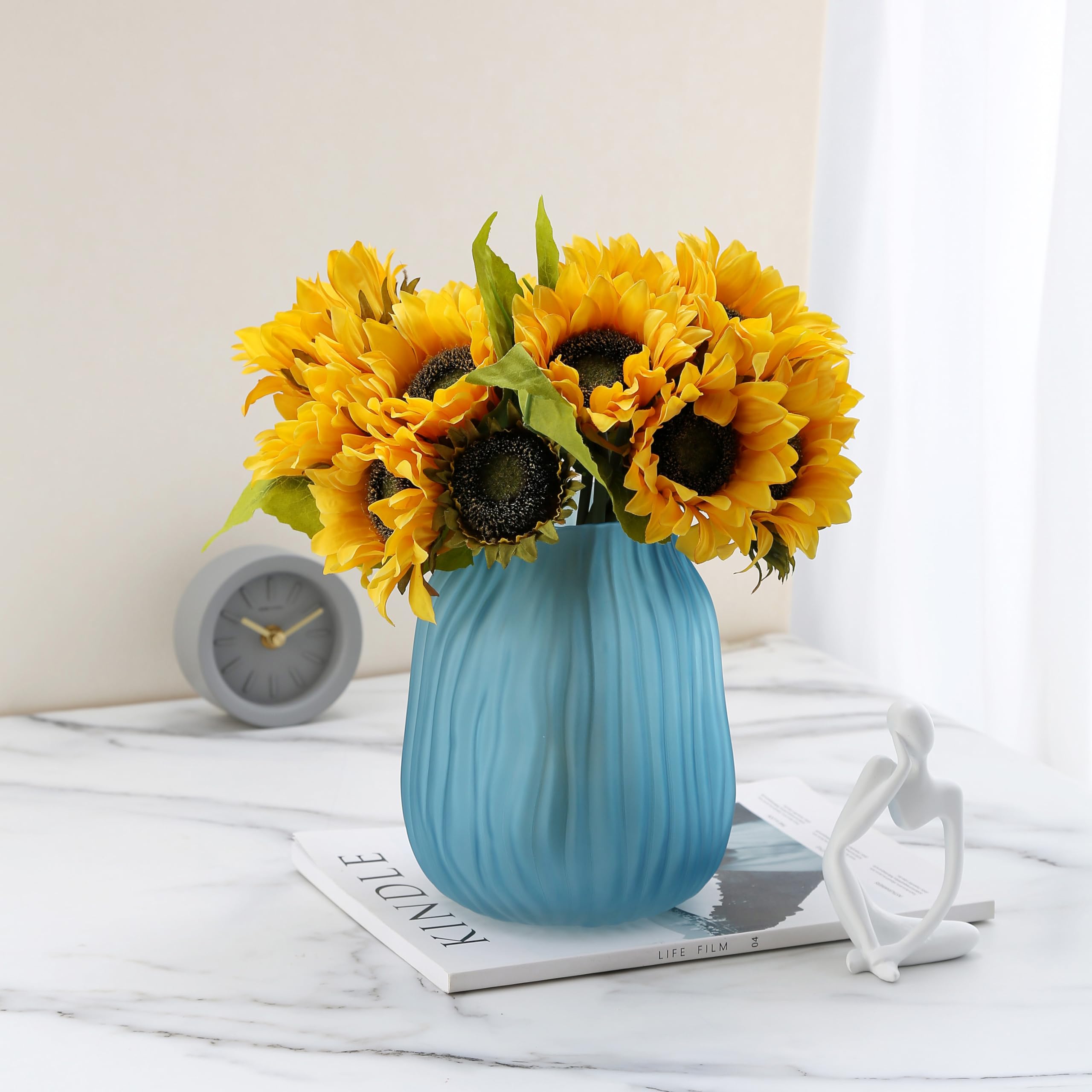 JAKY Global Large Modern Blue Glass Vase H-21cm Tall Ribbed Vase for Flowers Decor, Perfect for Home Office - Image 2