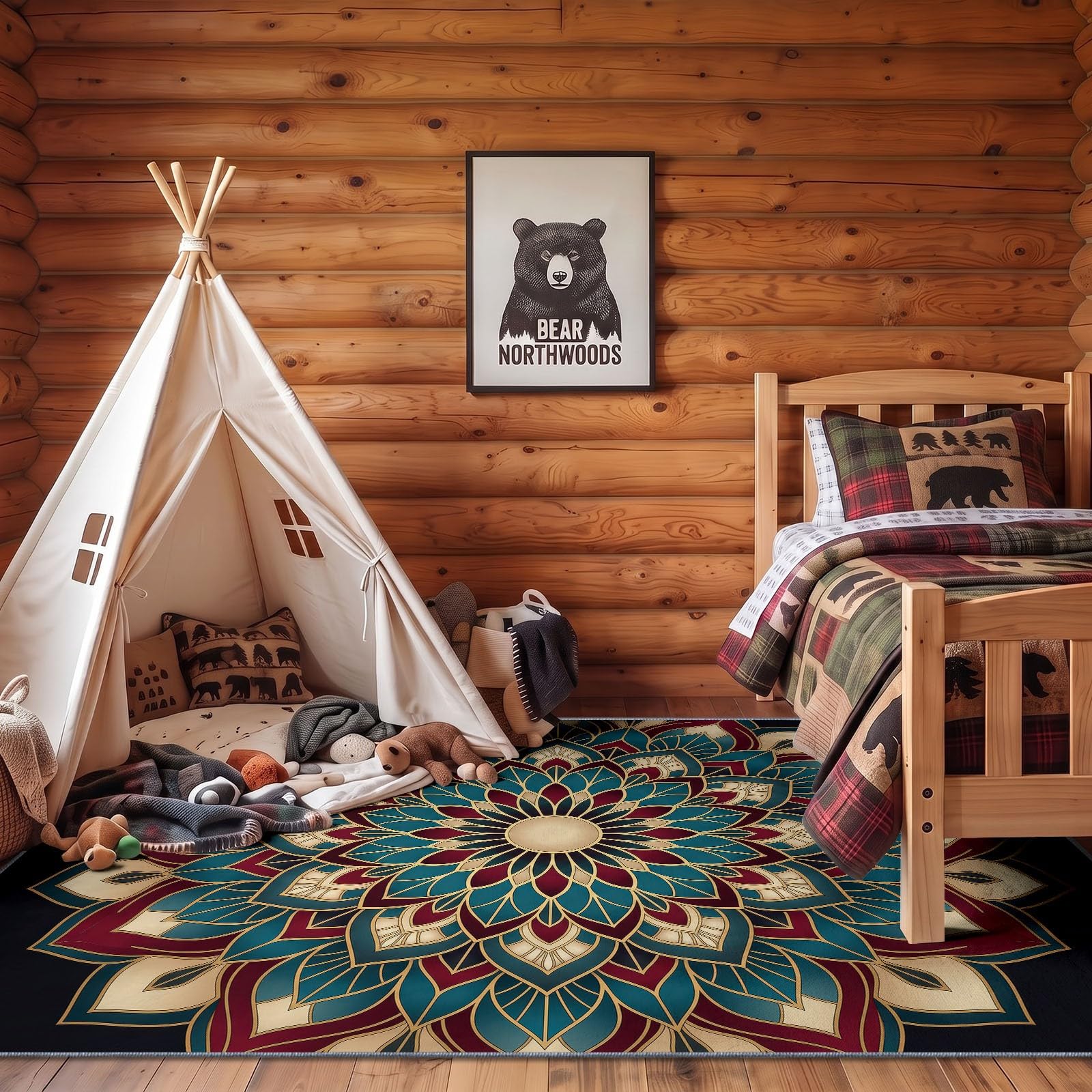 Générique Bohème Tapis de Salon Lavable en Machine 90 x 120 cm, Tapise antidérapant, Tapis de Chambre Style Luxe Fleurs Mandala pour Le Salon, l'entrée, la Chambre et la Cuisine, Noir