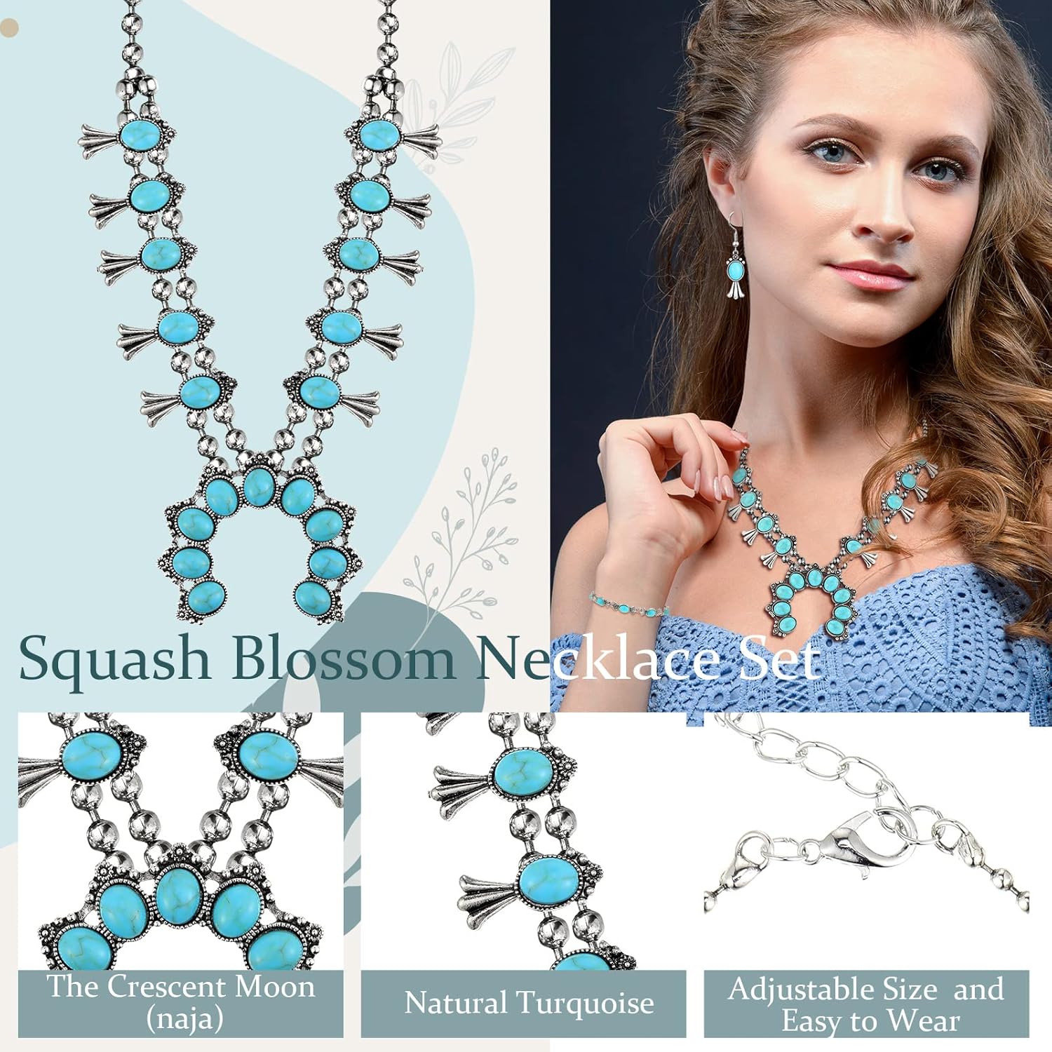 Henoyso 4 Pcs Turquoise Western Jewelry Set for Women Cowgirl Squash Blossom Howlite Stone Necklace Earrings Wrist Chain Ring - Image 3