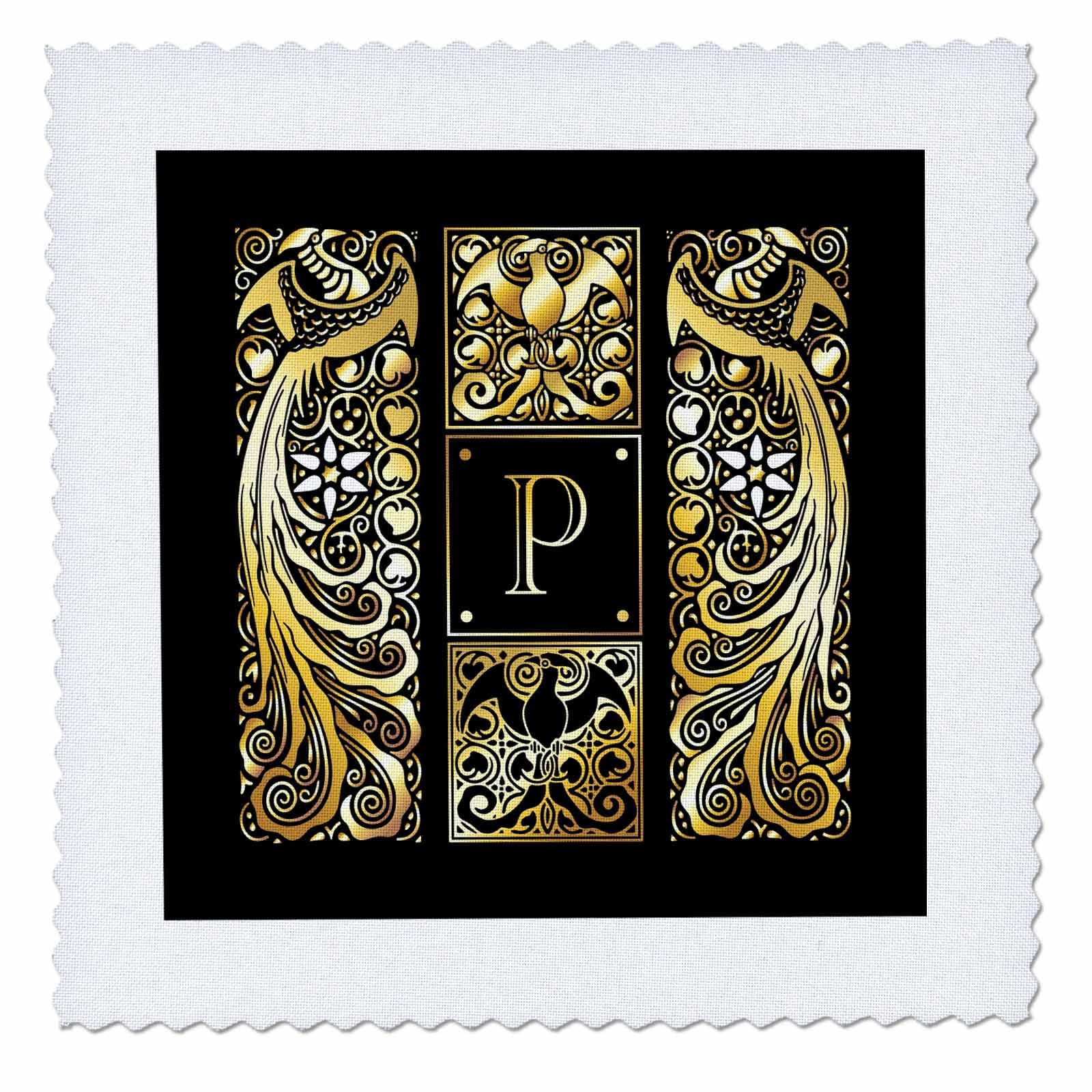 16x16 inch Quilt Square - Image of Art Nouveau Peacocks- Monogram Letter P- not foil Embossed Monograms-Peacocks- Letter P