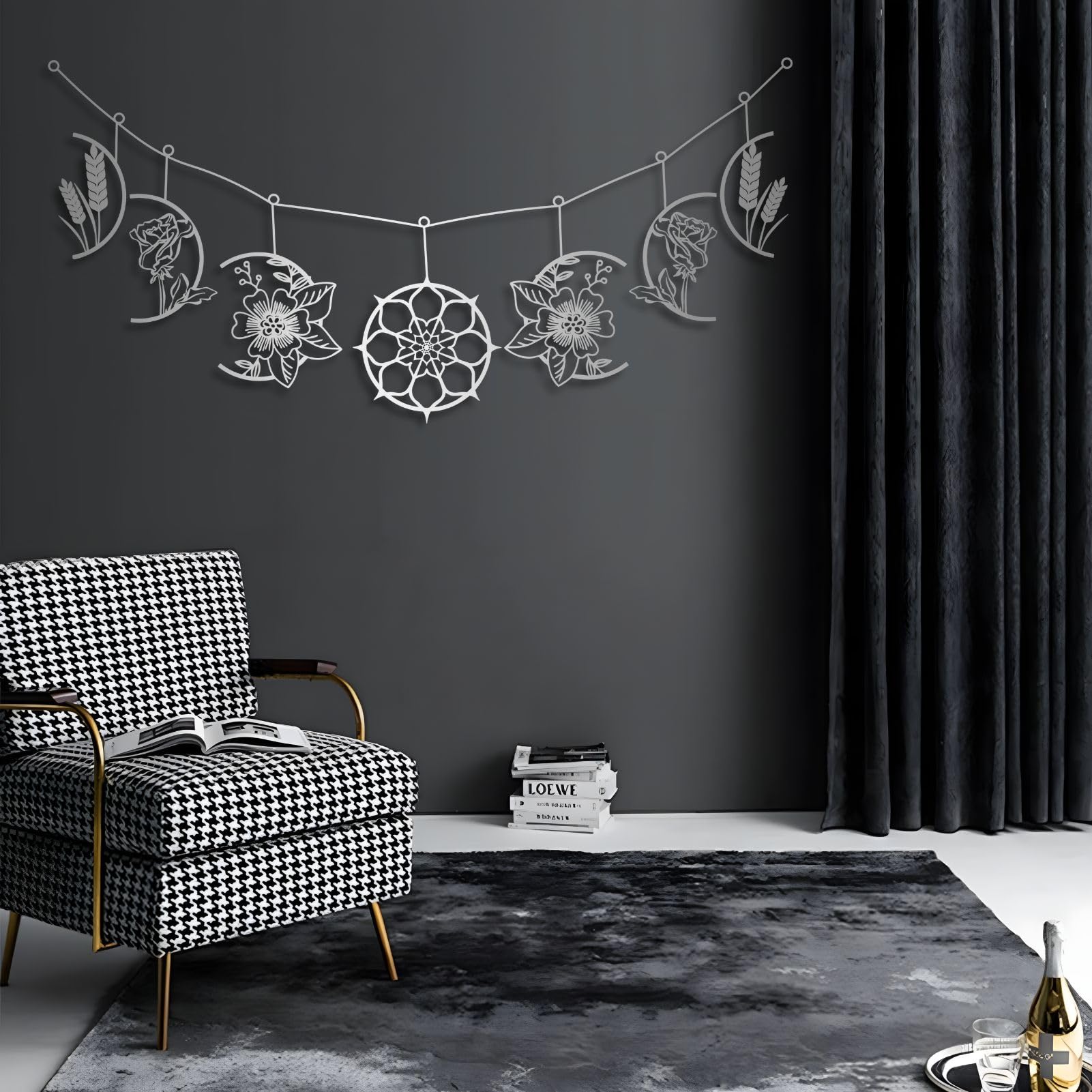 Arte de Pared de Fase Lunar de Metal Plateado Arte de Pared de Estilo Bohemio Floral de Granja Decoración de Arte de Fase Lunar Escultura Moderna para Sala de Estar, Dormitorio, Pasillo y decoración