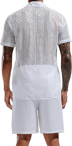 Miniatura 3 de LecGee Conjuntos Casuales de Verano para Hombre con Encaje, Camisa de Manga Corta con Botones, Pantalones Cortos de Cintura Elástica, Conjuntos de 2