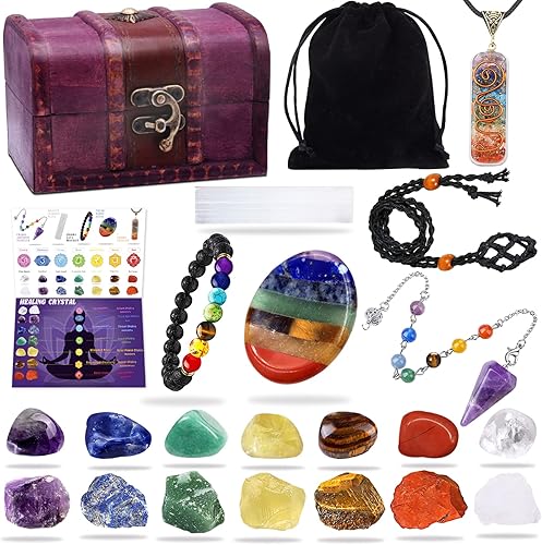 Miniatura 1 de Juego de 22 cristales curativos, kits de cuarzo de chakra en caja de madera (7 piedras de chakra crudas y 7 caídas, pulsera de lava, collar de