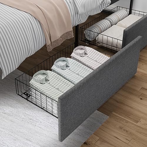 Miniatura 7 de Base de cama tamaño Queen con 2 cajones de almacenamiento, base de cama tapizada con cabecera, base de colchón con soporte de listones de acero, no