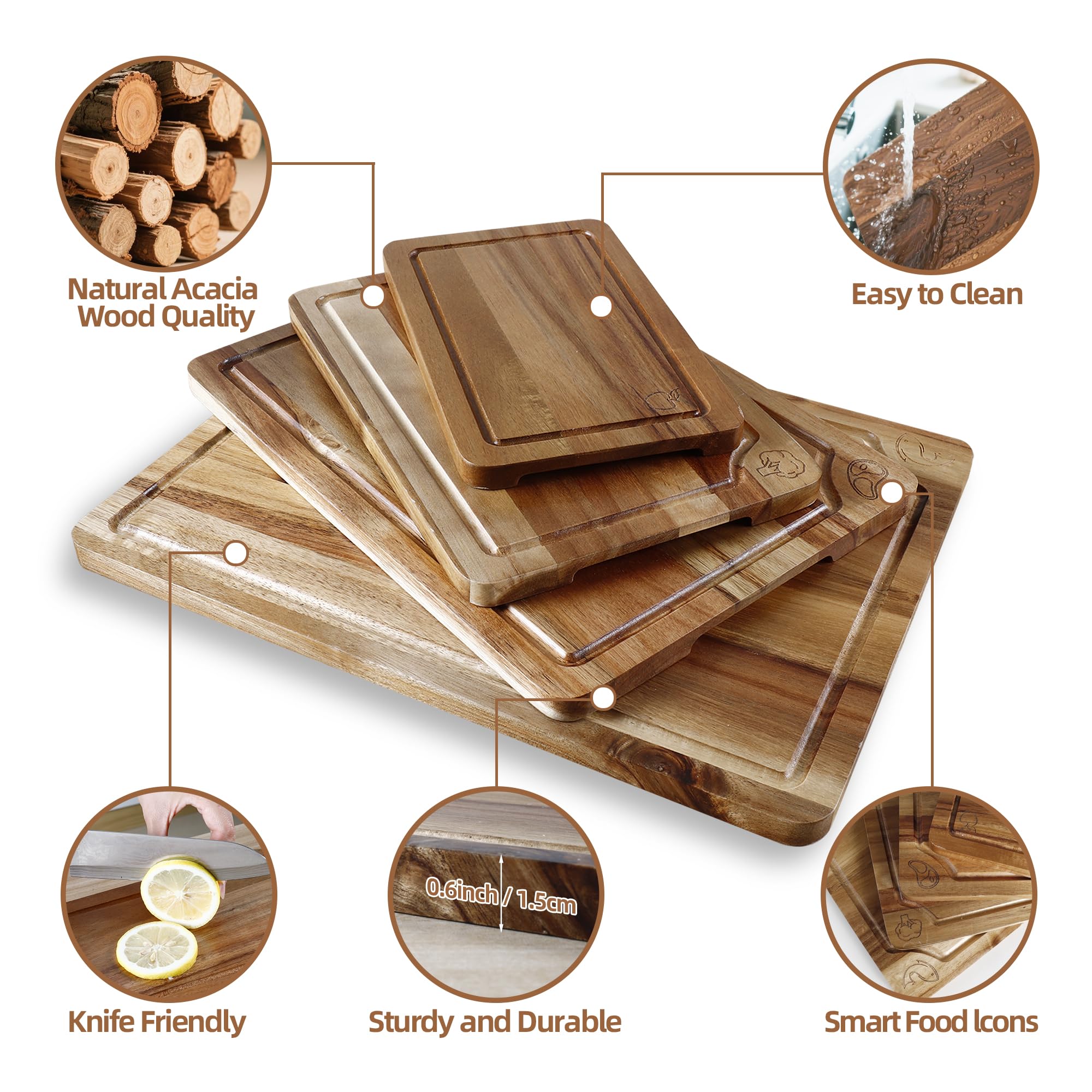 Set de 4 Tablas de Cortar, Tablas de Cortar de Madera de acacia, con Soporte y Símbolos de Alimentos, Ideal para Carne, Verduras, Frutas y Queso