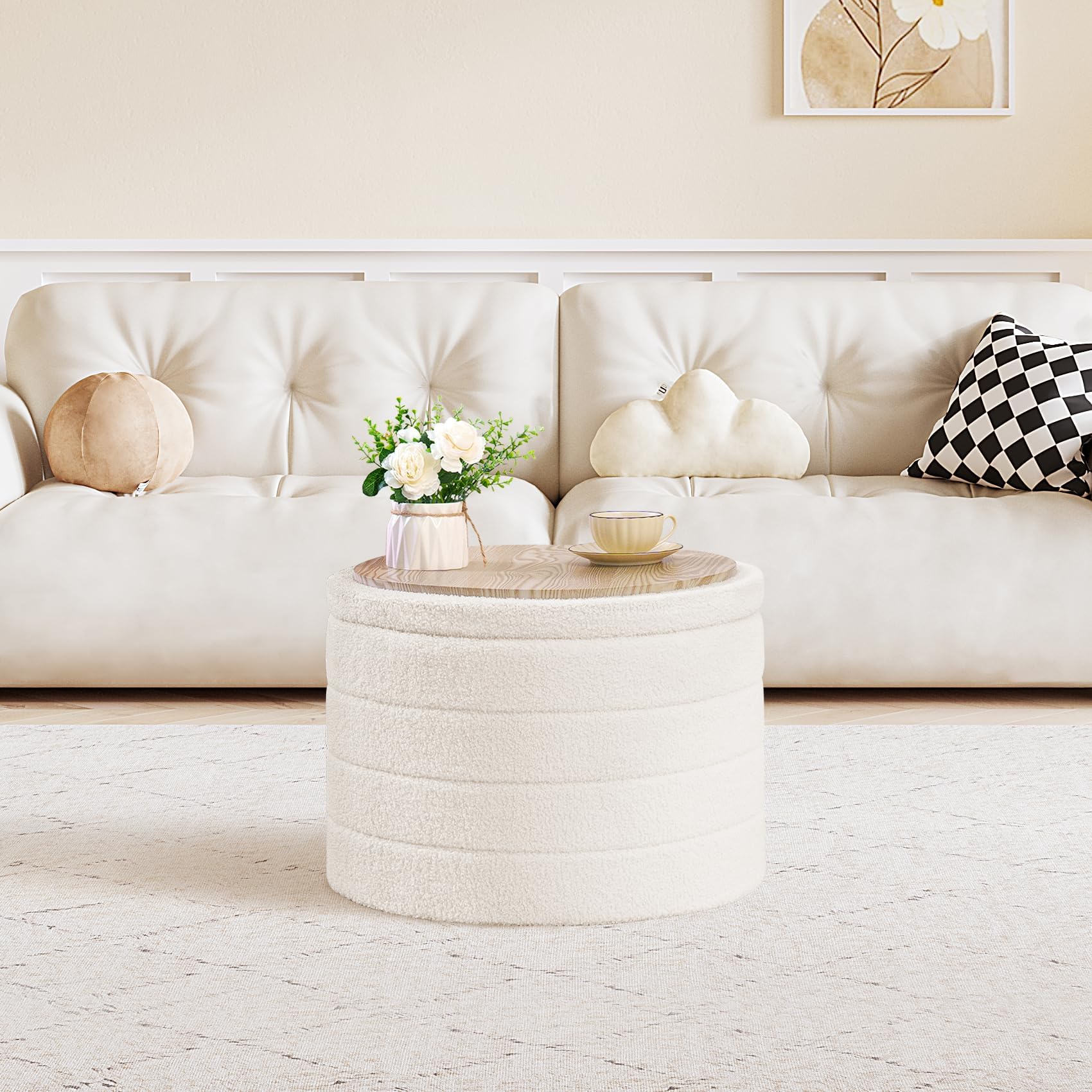 PINPLUS Hocker mit Stauraum Rund Sitzhocker mit Deckel, Faltbare Fußhocker Polsterhocker Couchtisch Ø56x40 cm für Wohnzimmer, Schlafzimmer & Flur, Cremeweiß