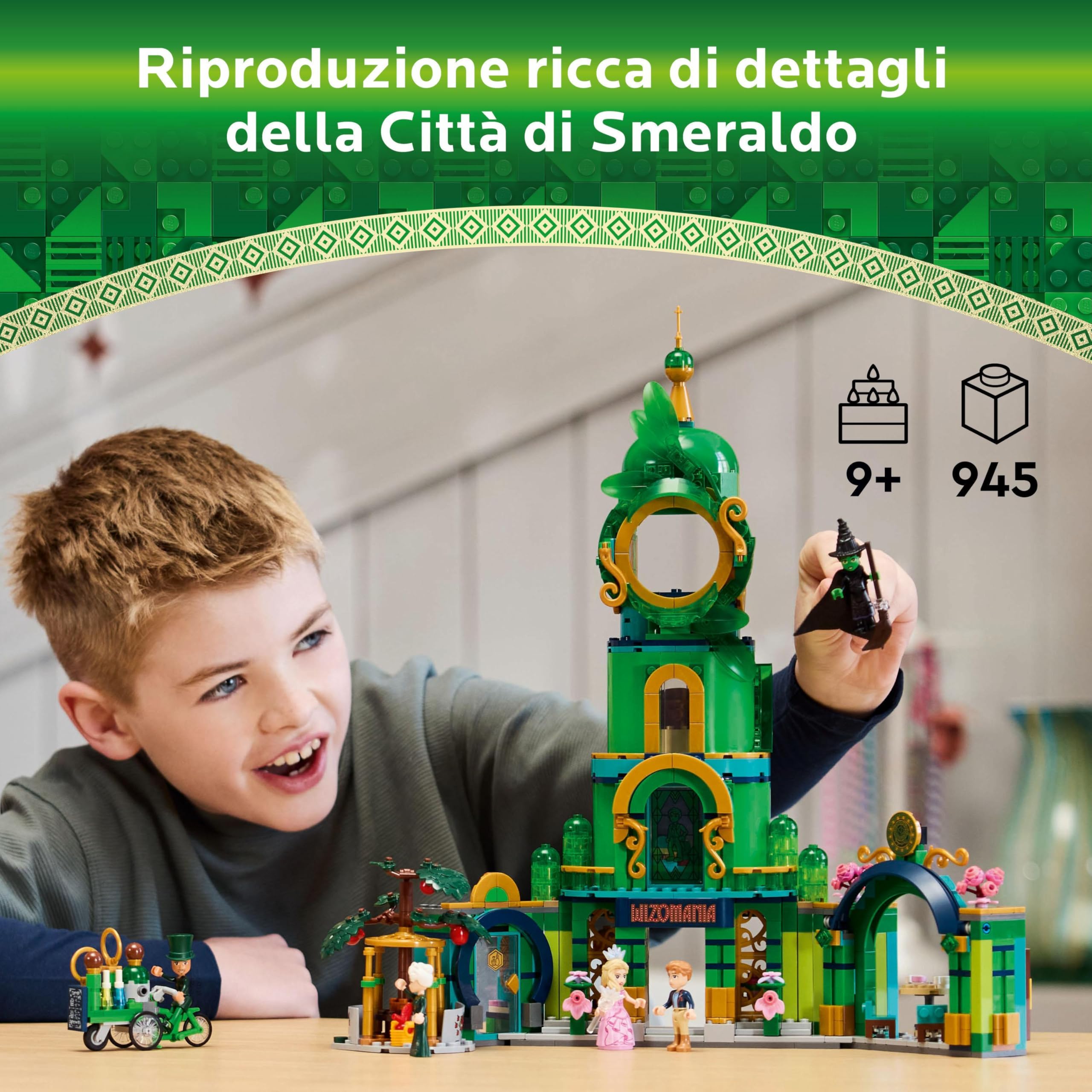 LEGO Wicked Benvenuti nella Città di Smeraldo, Gioco da Collezione per Bambine e Bambini da 9 Anni con Torre Giocattolo da Costruire e 5 Personaggi del Film tra cui Glinda e Elphaba, Idea Regalo 75684
