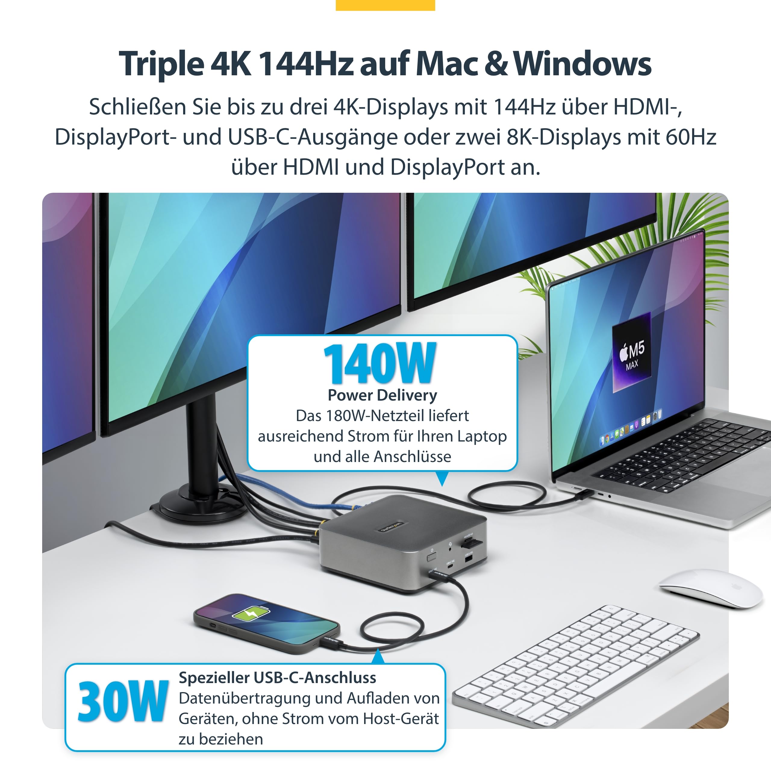 StarTech Thunderbolt 5 USB4 Dock, Dreifach 4K 144Hz, Dual 8K 60Hz, 140W PD | Dual 6K 60Hz für Mac, 120Gbit/s, Windows, macOS, 30W Handy, USB 10Gbit/s, 2.5GbE, SD 4.0