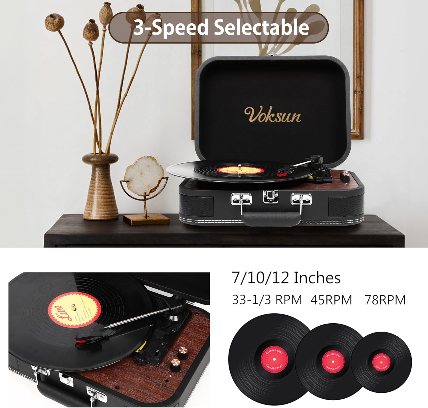 Image showing 3-speed selectable turntable with 7, 10, and 12 inch records