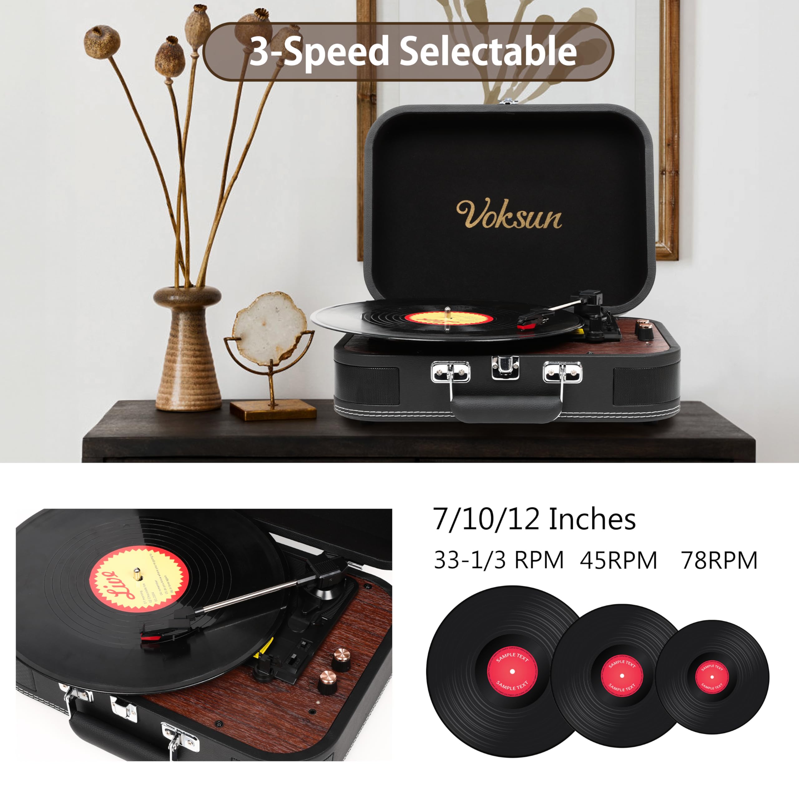 Giradischi Vinile, VOKSUN Giradischi Portatile Vintage con Altoparlanti Incorporati, Bluetooth In/Out Lettore LP Vinile con 3 Velocità, Valigia USB, In AUX, Linea RCA, Jack Cuffie, Auto-Stop (Nero)