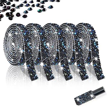 5 Rolls Rhinestone Ribbon - 5 Yards Rhinestone Strips Self Adhesive - Glitter Resin Diamond Bling Tape for Wedding Decor, Party Supplies, DIY Crafts, Car AccessoriesBlack AB