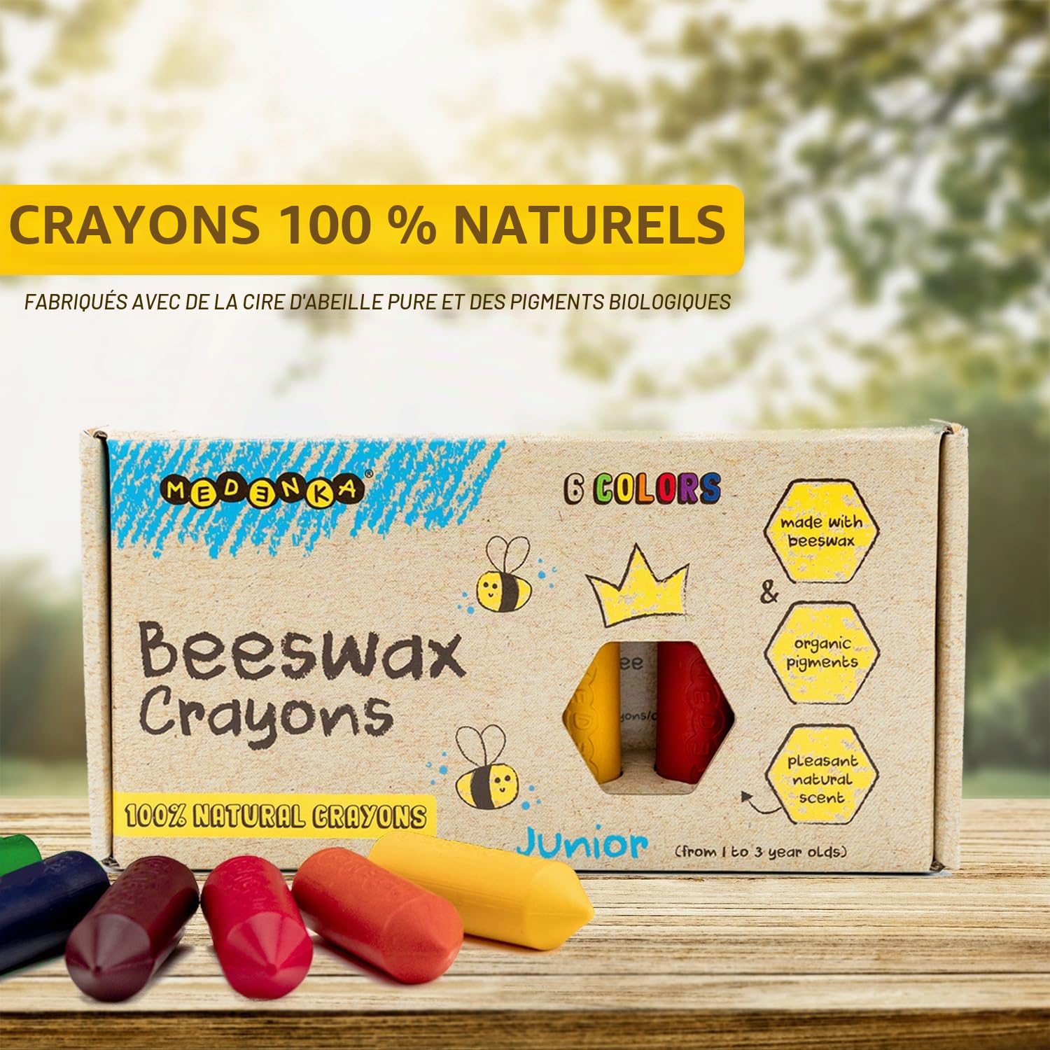 Crayons à la cire d'abeille Junior – 6 couleurs – Crayons pour tout-petits – Non toxiques pour les années 1–3 ans – Fabriqué en cire d'abeille européenne