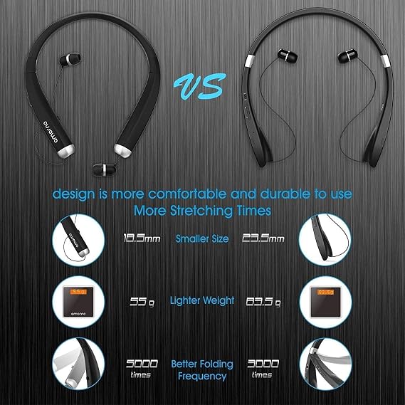 AMORNO Foldable Bluetooth Headphones, Wireless Neckband Sports Headset with Retractable Earbuds, Sweatproof Noise Cancelling Stereo Earphones with Mic
