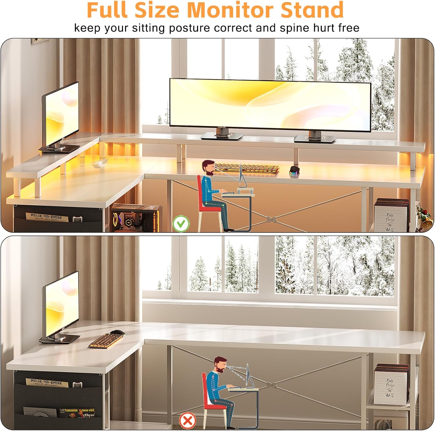 MUTUN 66 Inch L Shaped Gaming Desk with Charging Station and LED Lights, Reversible Corner Desk, Computer Desk, Bureau Gaming, Home Office Desk with Storage and 2-Tier Shelves, Carbon Fiber White - Image 7