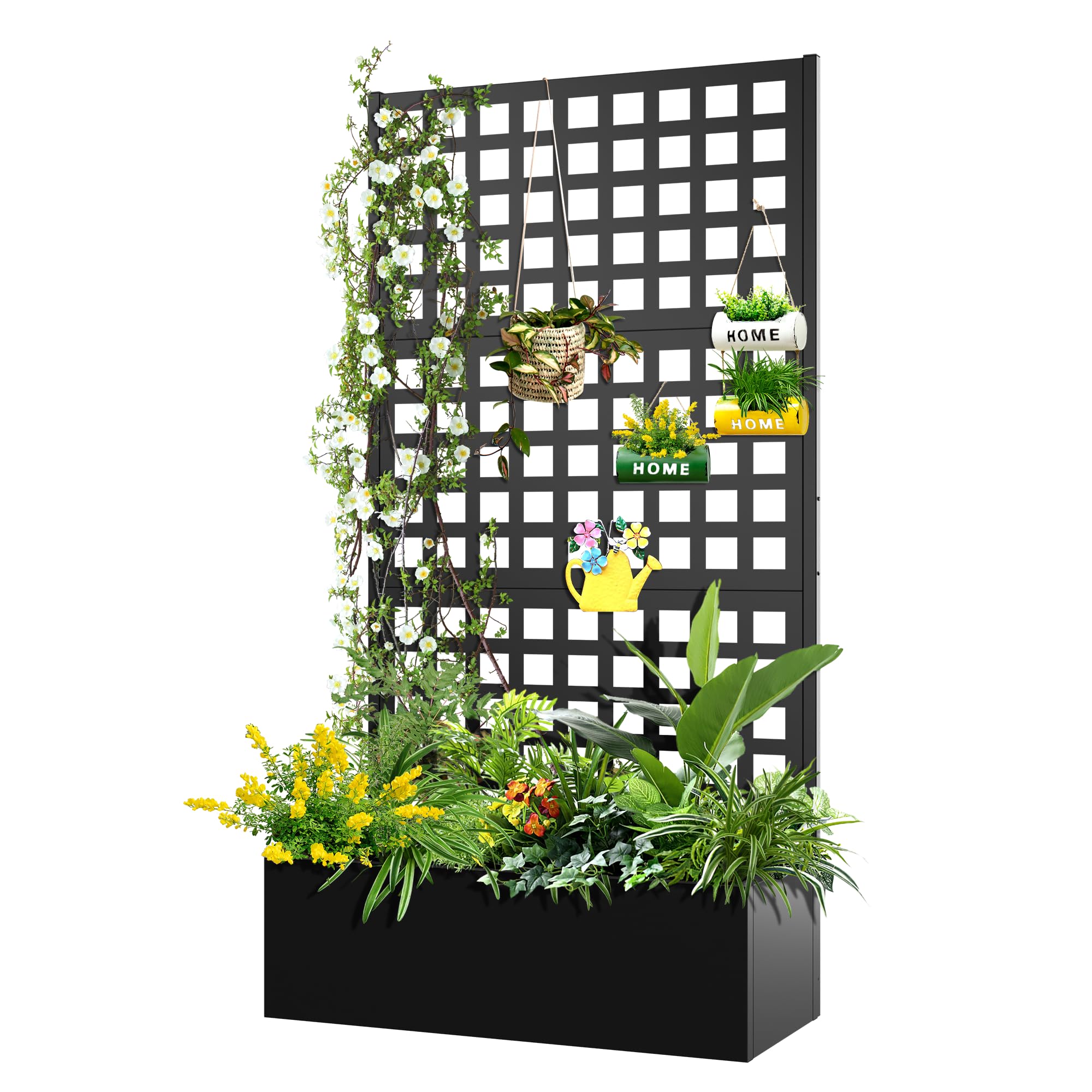 FENCY Metal Raised Garden Bed with Trellis, Metal Planter Box with Trellis, Garden Box for Climbing Plants Vegetable, 35''Lx16''Wx71''H Garden Bed with Drainage Holes(Black)