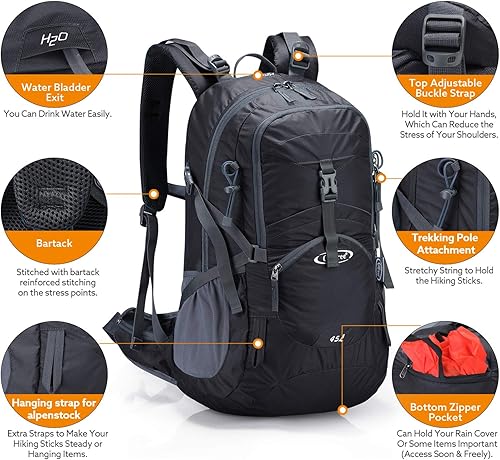 Miniatura 5 de G4Free Mochila de viaje de senderismo de 45L impermeable con cubierta de lluvia, mochila de campamento al aire libre para hombres y mujeres (negro)