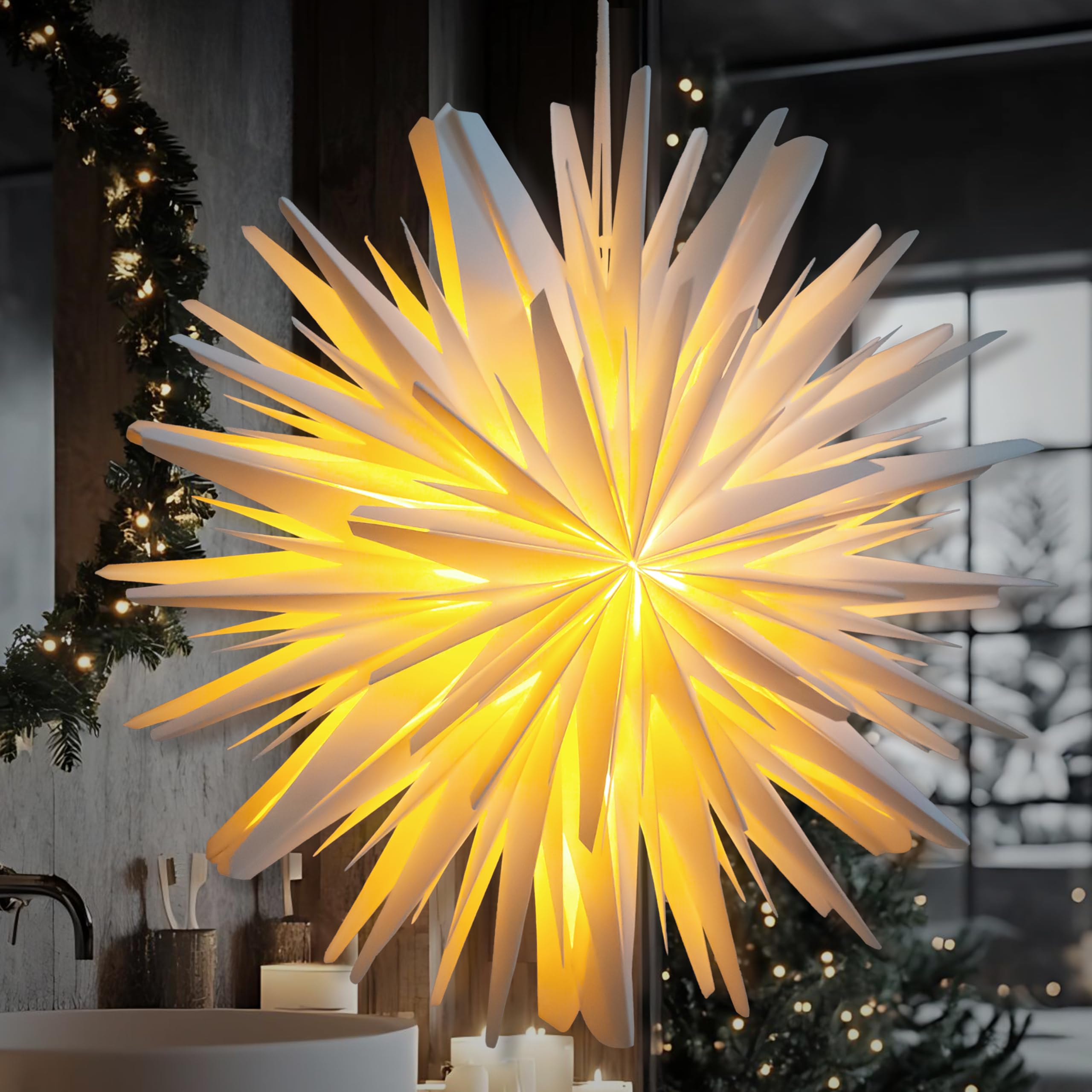 Weihnachtsstern Beleuchtet, 45cm Papiersterne Zum Aufhängen Fenster | LED Leuchtstern Batterie mit Timer, 3D Papier Stern Für Weihnachtsdeko Innen, Fensterdeko Weihnachten, Weiß